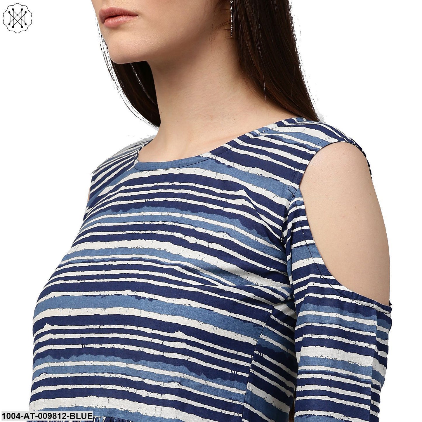 Blue Printed 3/4Th Sleeve Cold Shoulder Cotton Anarkali Kurta