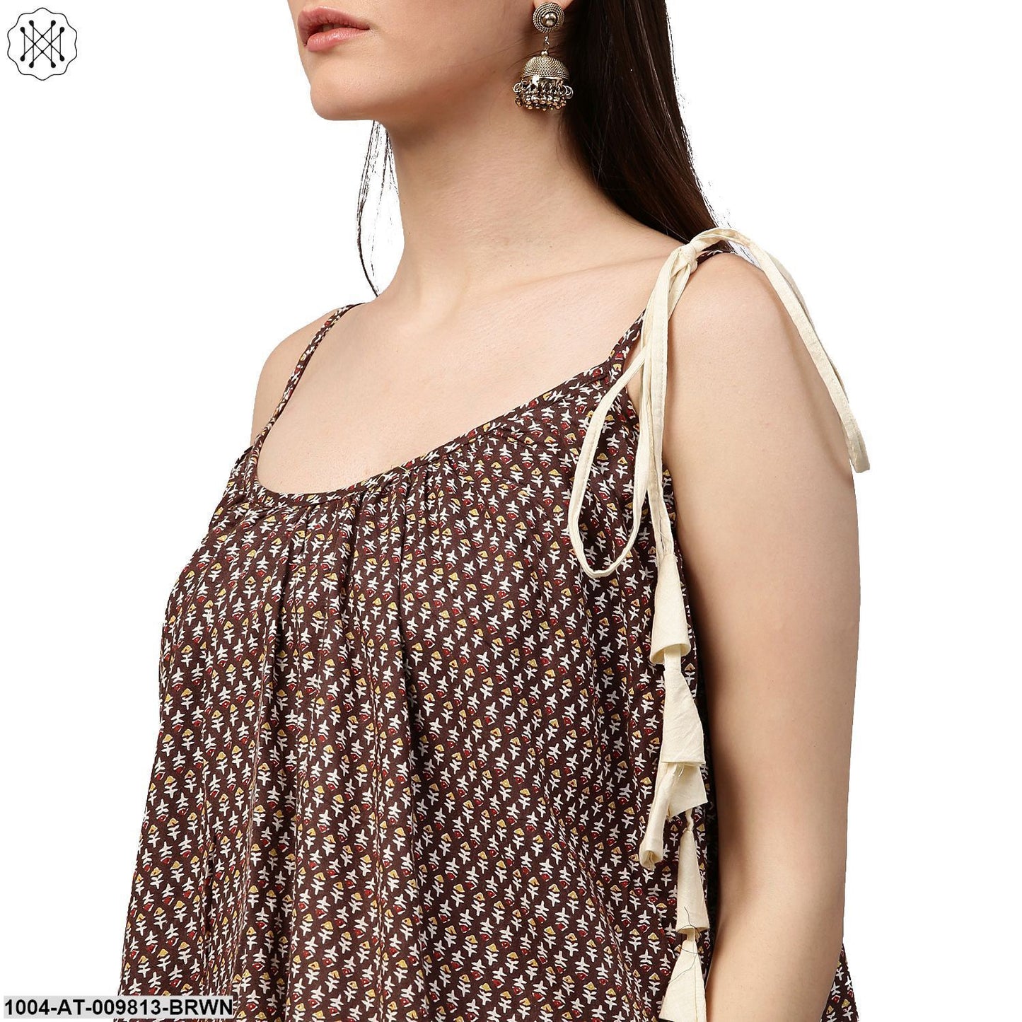 Coffee Brown Printed Sleeveless Cotton Anarkali Kurta