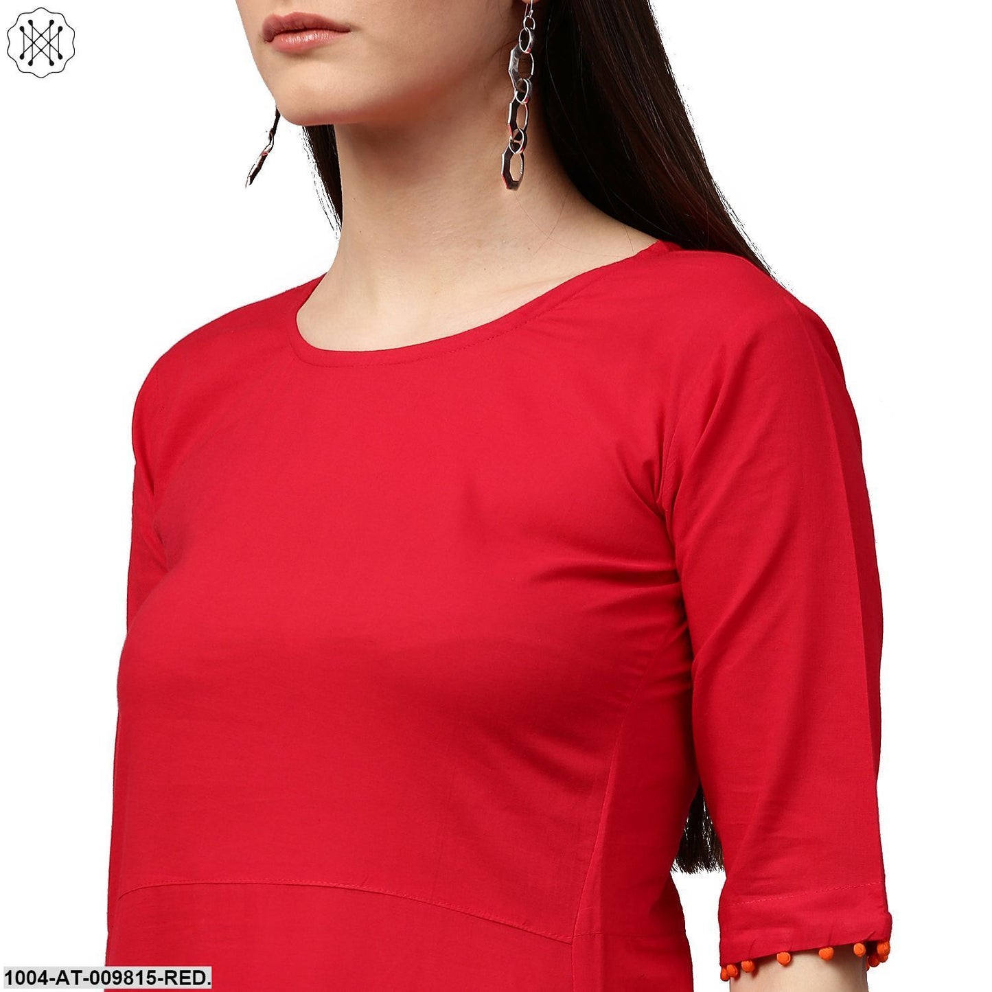 Red Block Print Half Sleeve Cotton A-Line Kurta