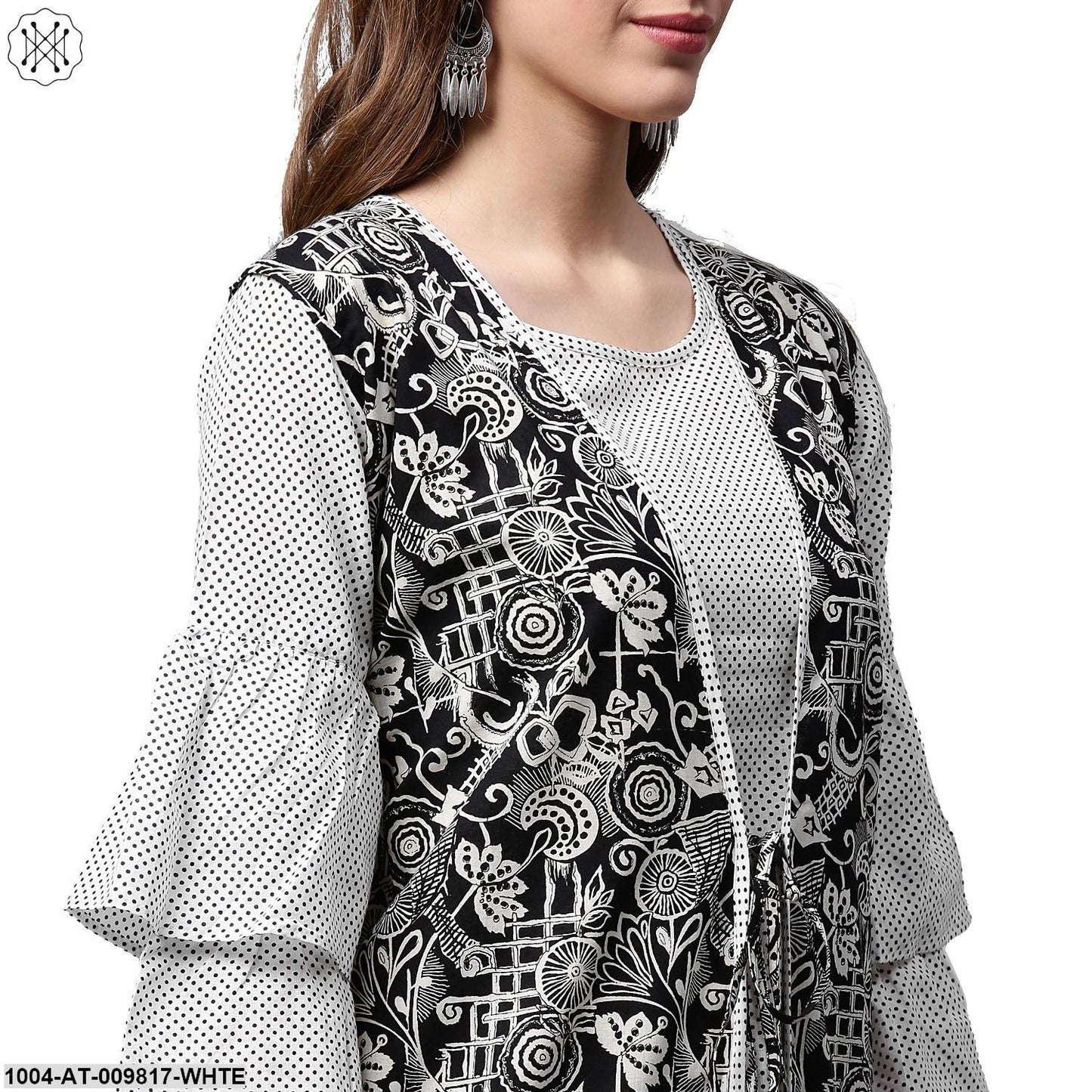 White Printed 3/4Th Sleeve Cotton A-Line Kurta With Black Printed Jacket