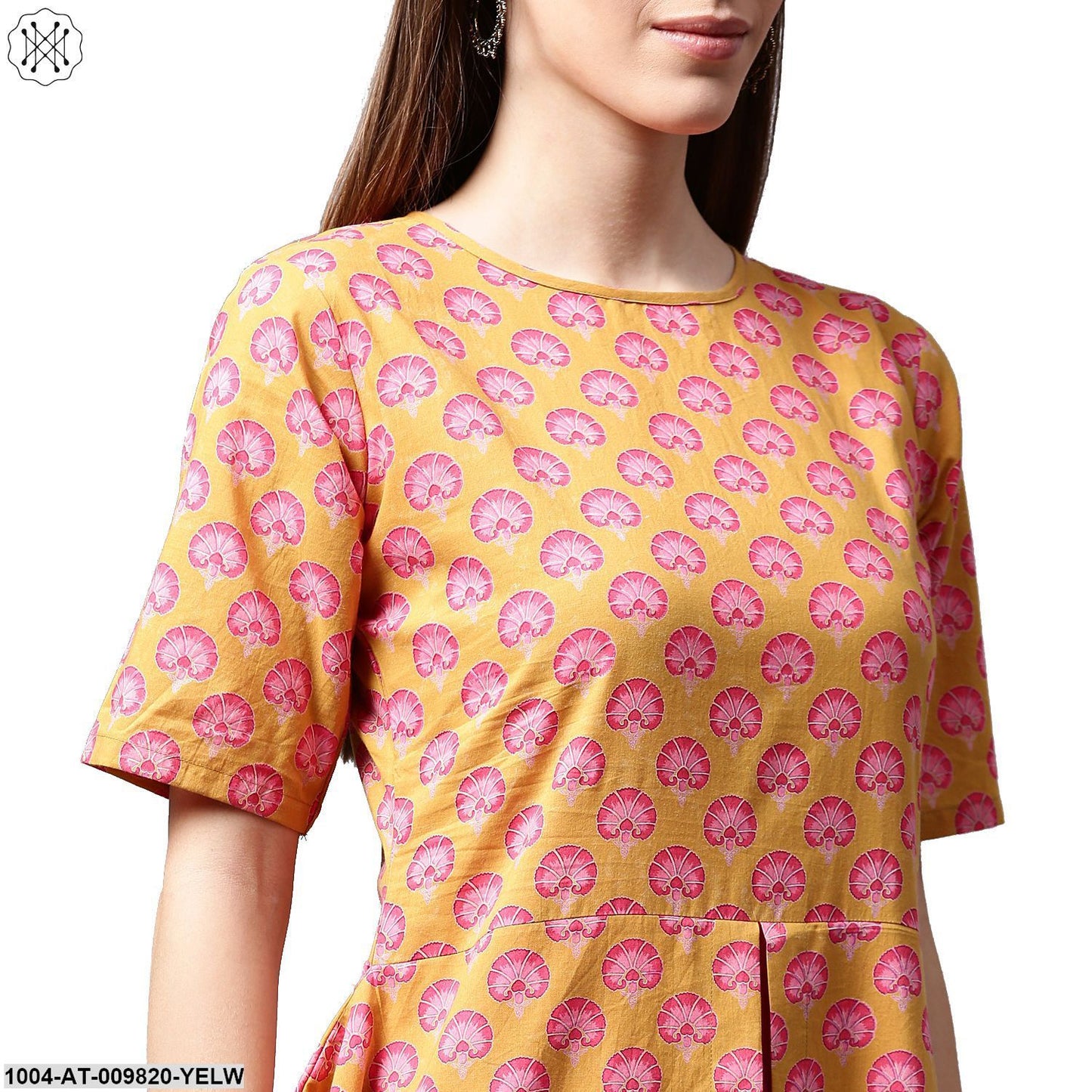 Yellow Printed Half Sleeve Cotton A-Line Kurta