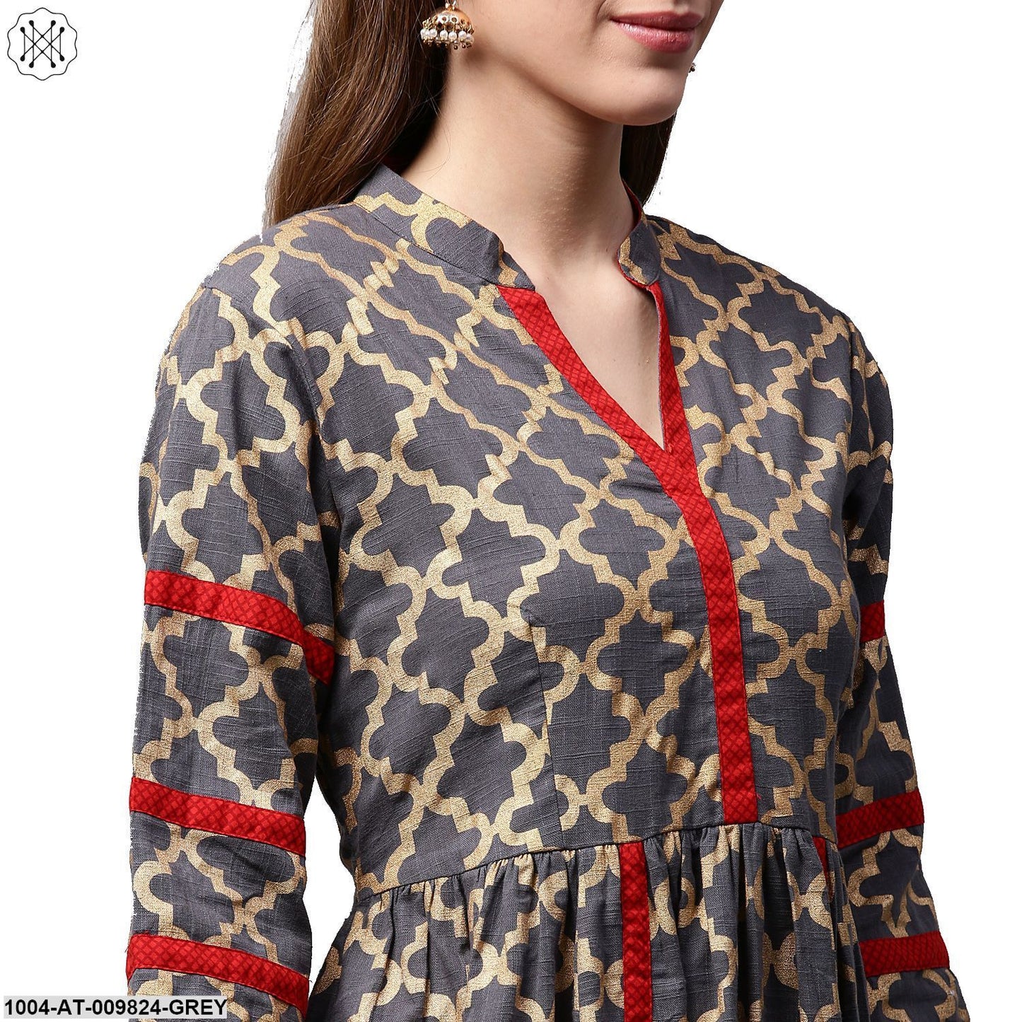 Grey Printed 3/4Th Sleeve Cotton Anarkali Kurta