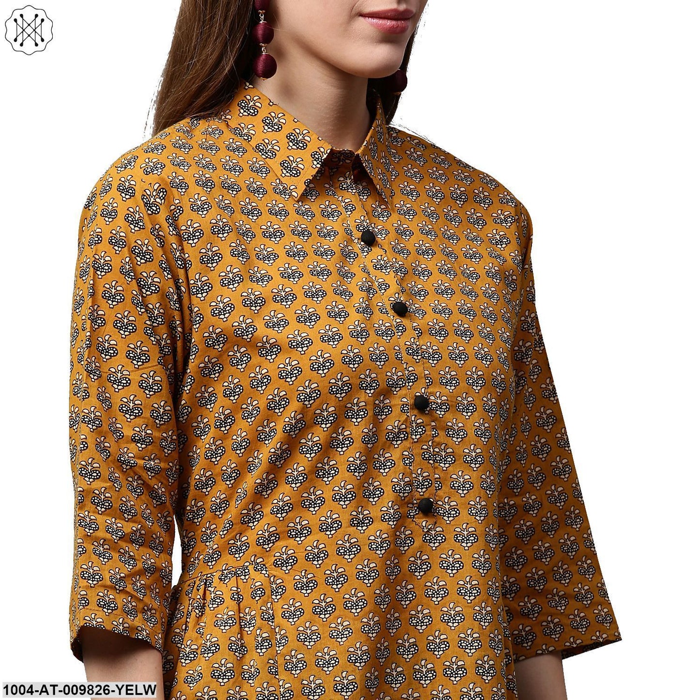 Yellow Printed 3/4Th Sleeve Cotton A-Line Kurta
