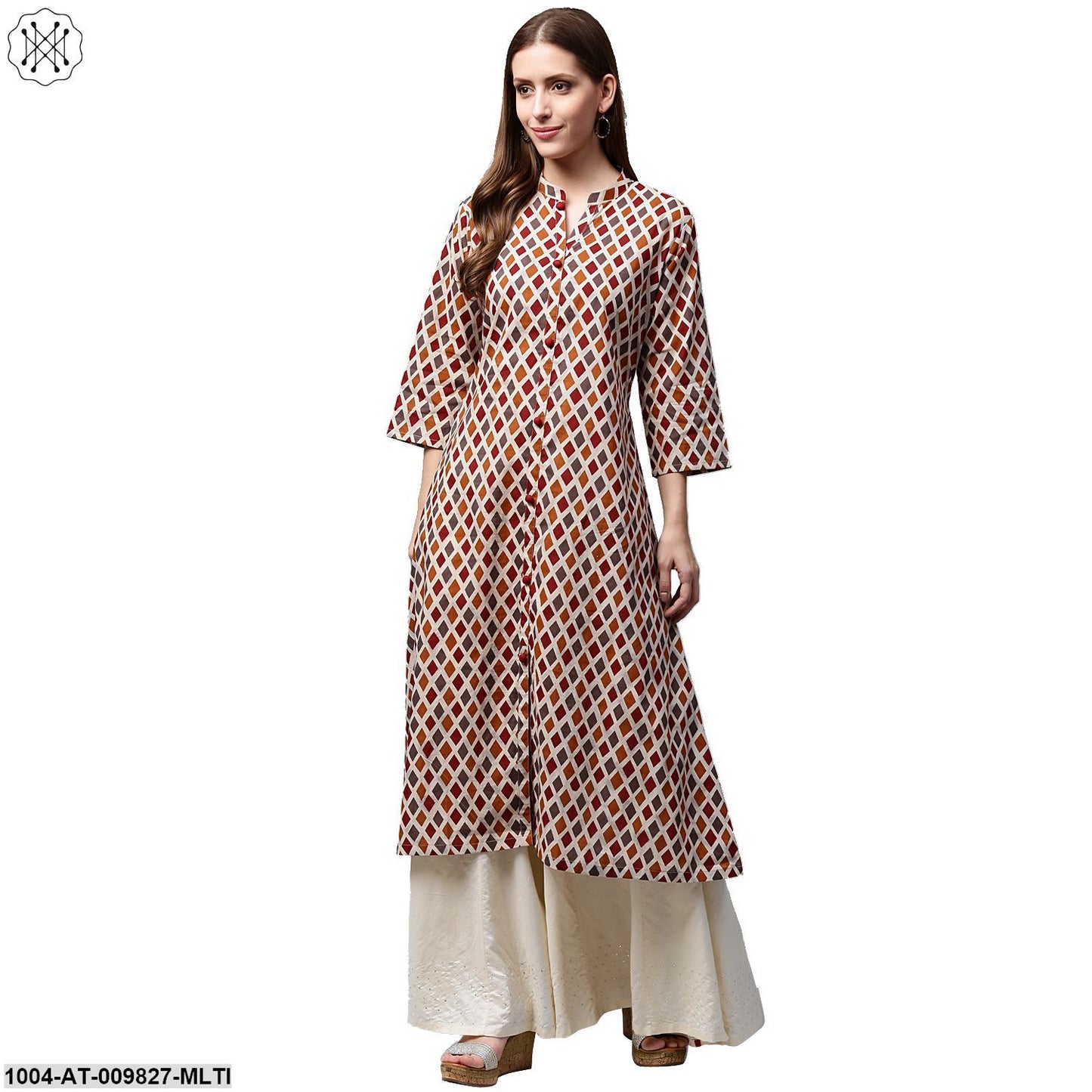 Multi Printed 3/4Th Sleeve Cotton A-Line Kurta