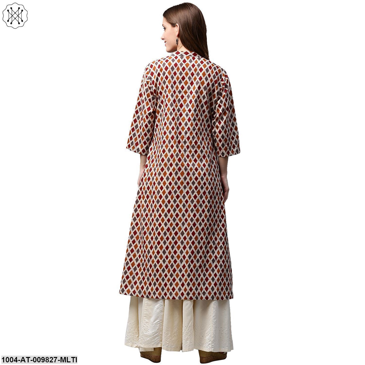 Multi Printed 3/4Th Sleeve Cotton A-Line Kurta