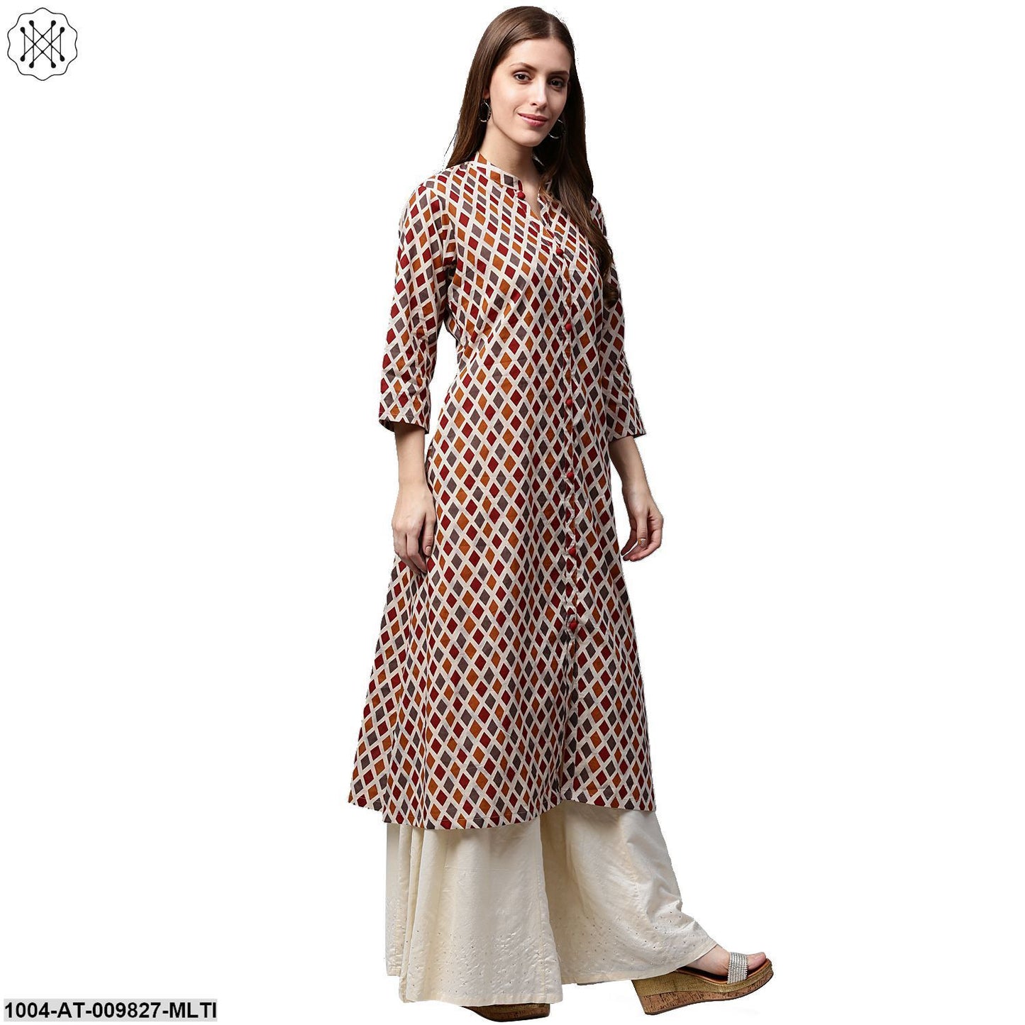 Multi Printed 3/4Th Sleeve Cotton A-Line Kurta