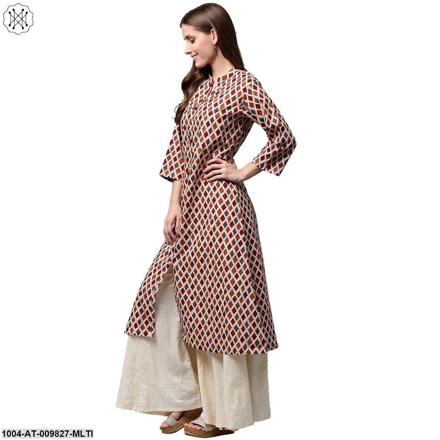 Multi Printed 3/4Th Sleeve Cotton A-Line Kurta