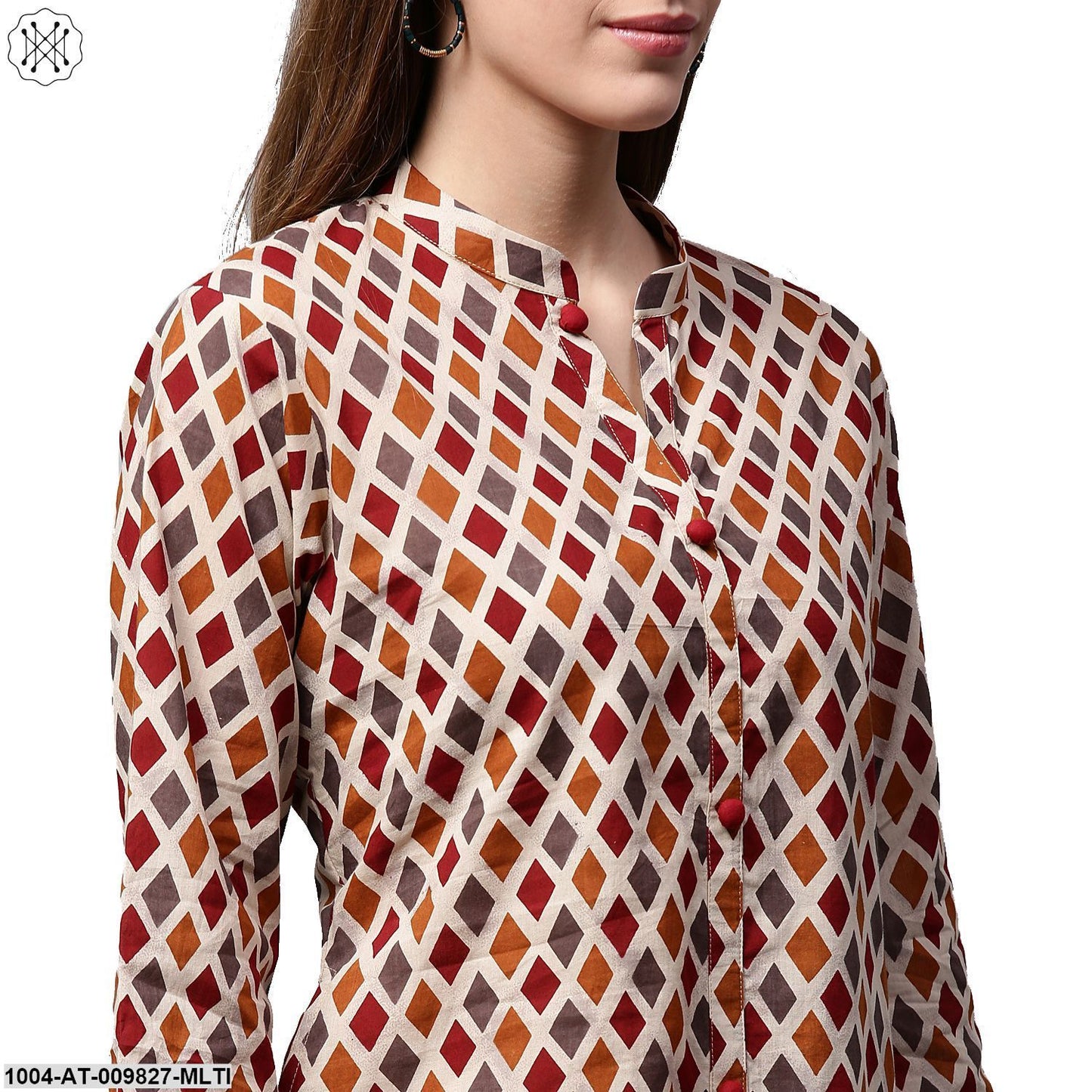 Multi Printed 3/4Th Sleeve Cotton A-Line Kurta