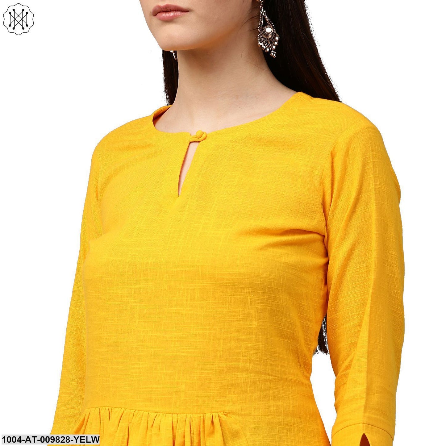 Yellow 3/4Th Sleeve Cotton Slub Assymetrical Anarkali Kurta