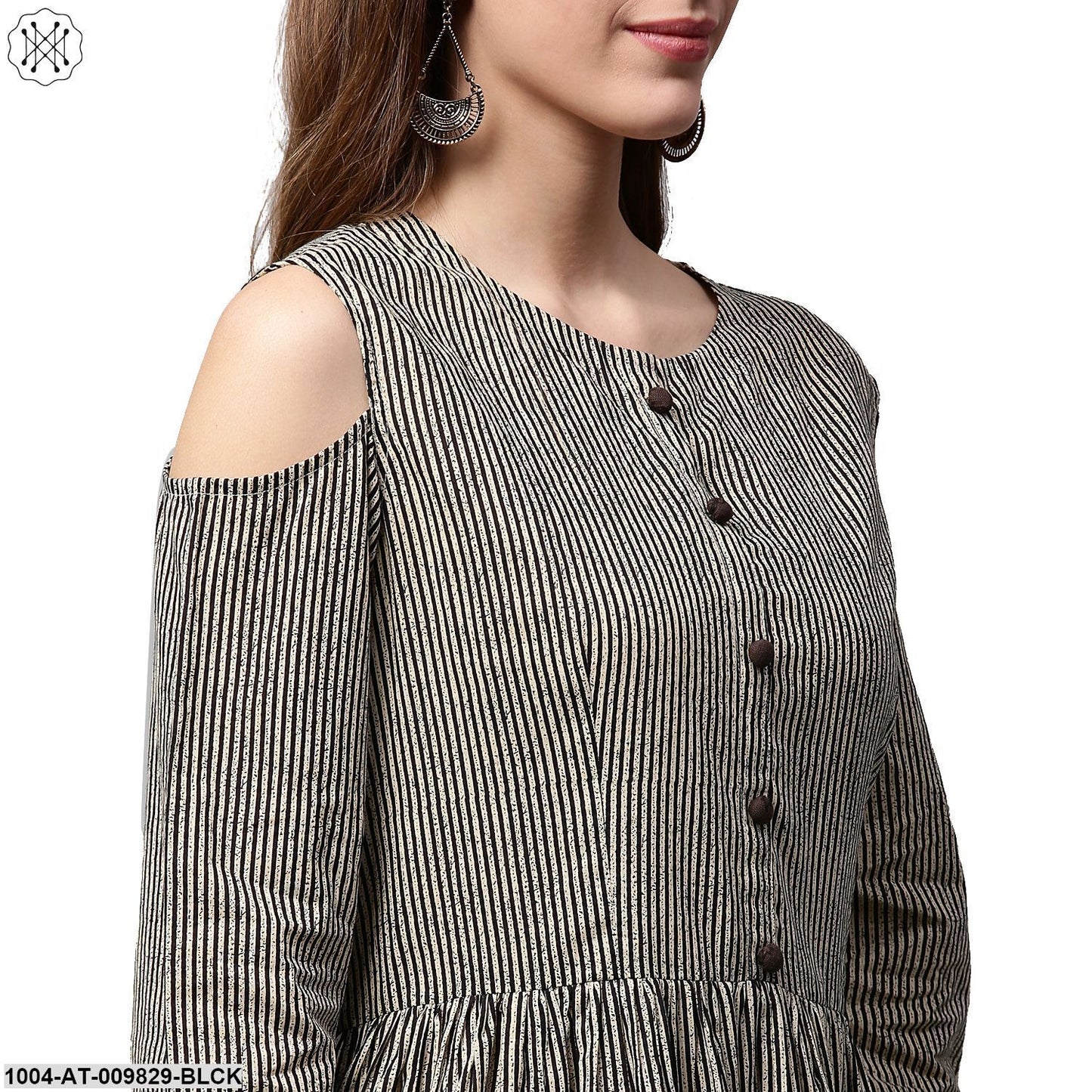 Black Printed 3/4Th Sleeve Cotton Anarkali Kurta