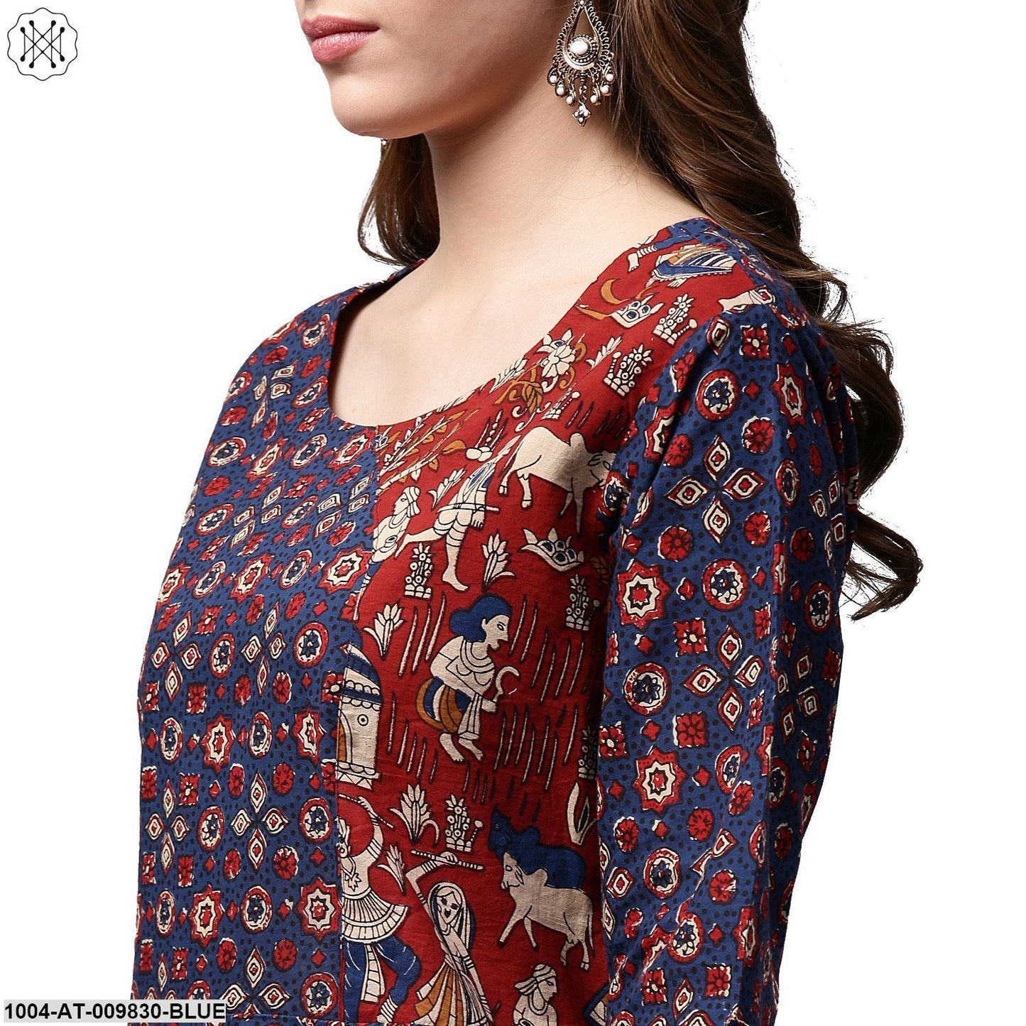 Blue Printed 3/4Th Sleeve Cotton Long A-Line Kurta