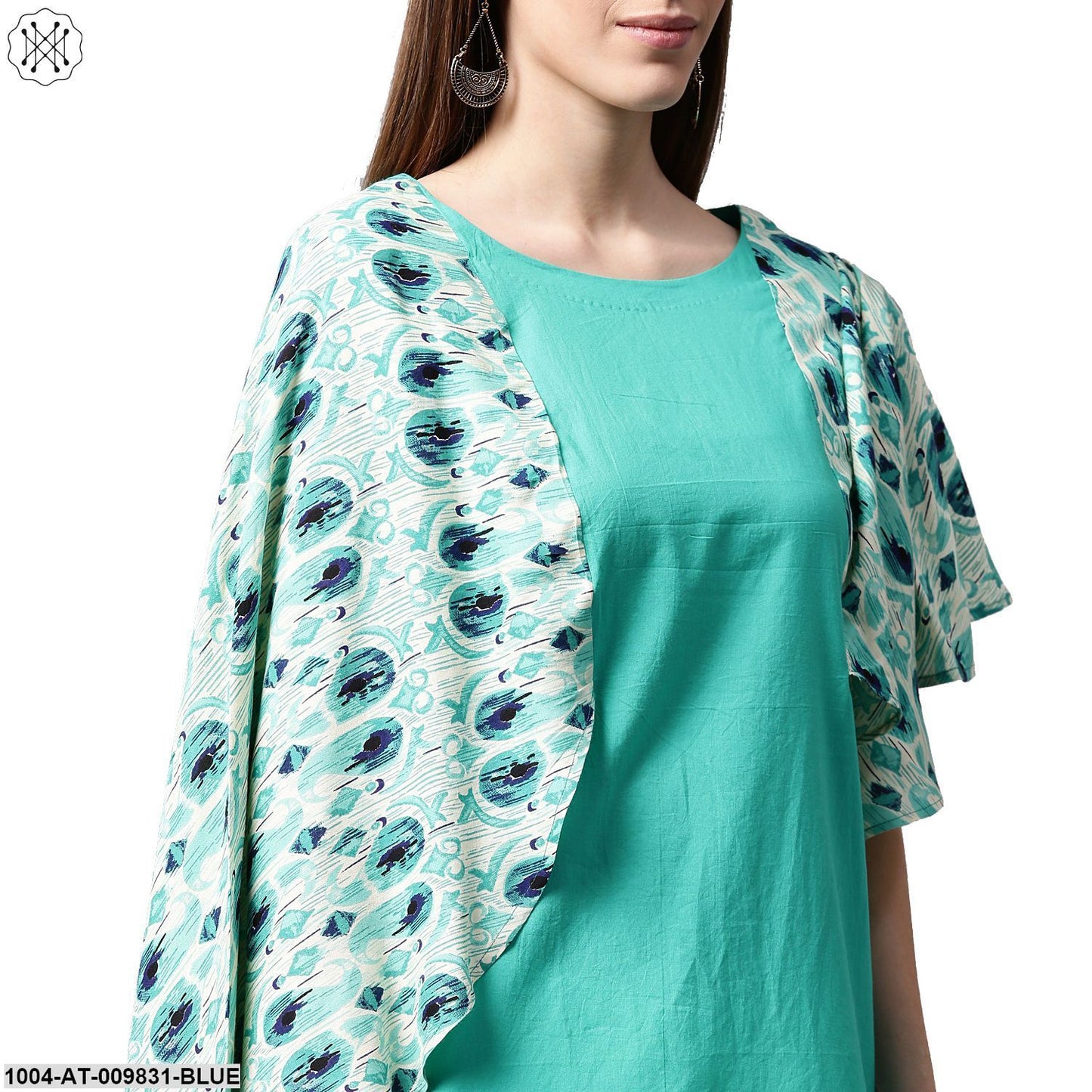 Blue Printed Flared Sleeve Cotton A-Line Kurta