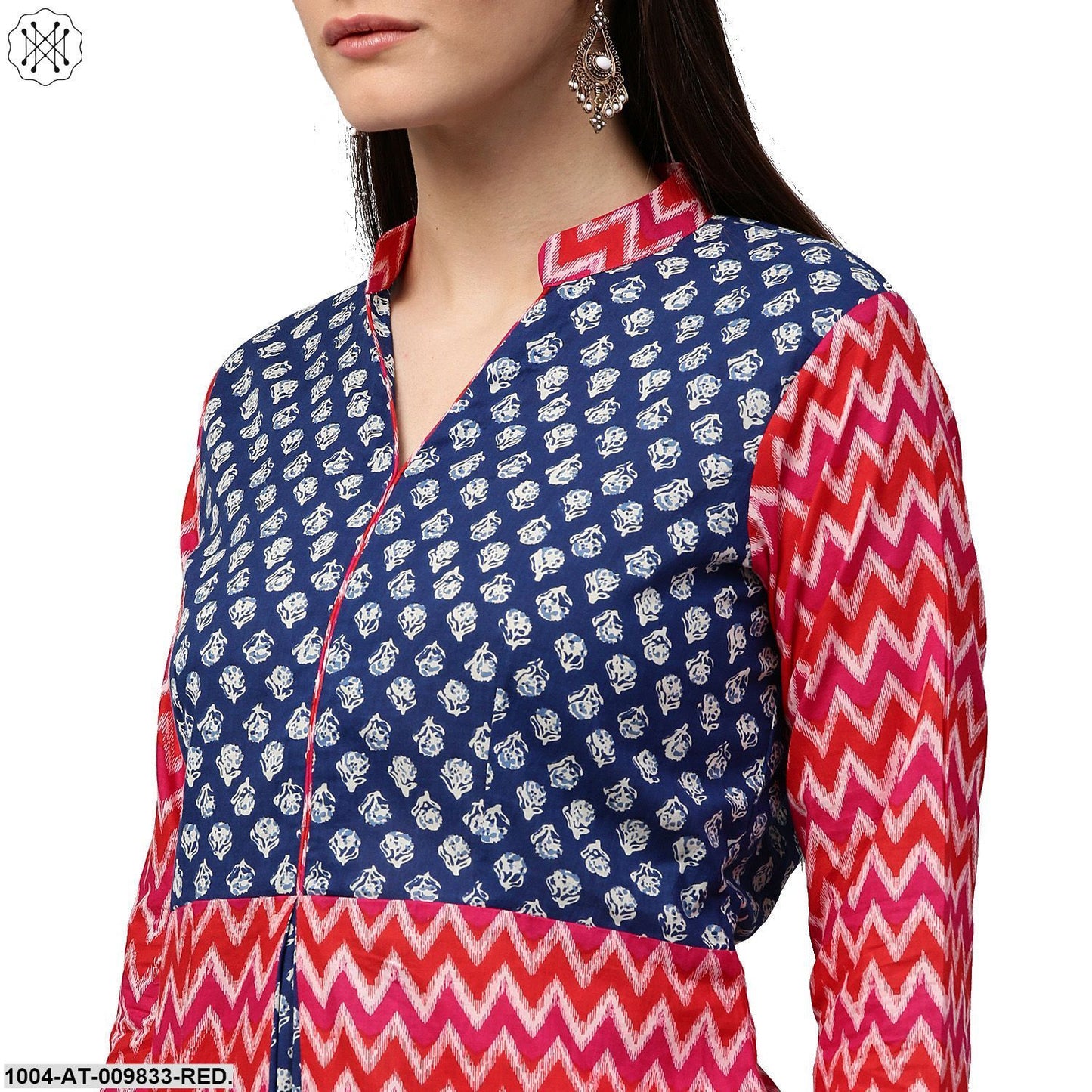 Red & Blue Printed 3/4Th Sleeve Cotton A-Line Kurta