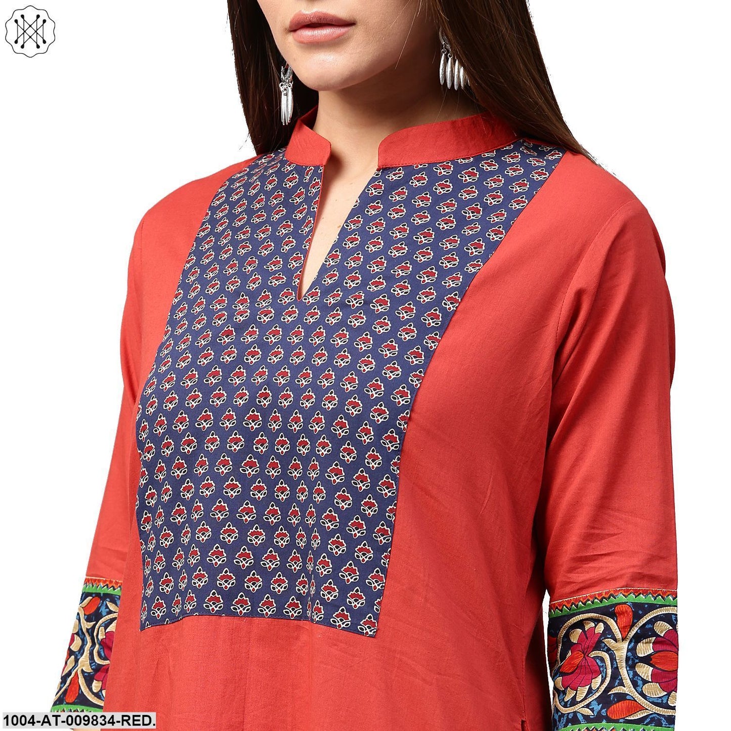 Red 3/4Th Sleeve Cotton A-Line Kurta With Printed Yoke