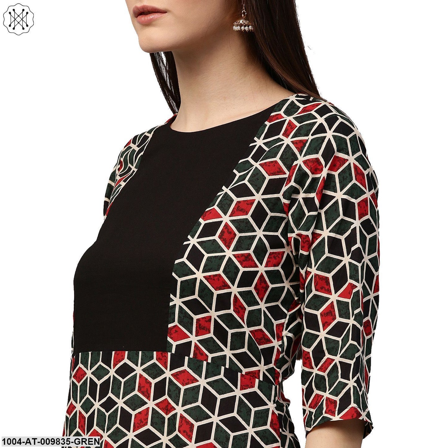 Green Printed 3/4Th Sleeve Cotton A-Line Kurta