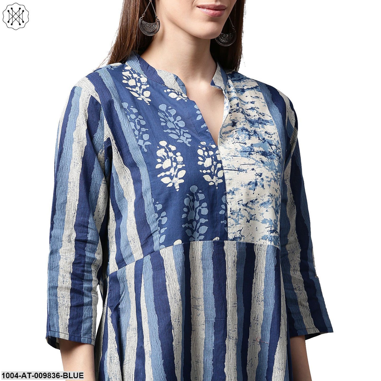 Blue Printed 3/4Th Sleeve Cotton A-Line Kurta