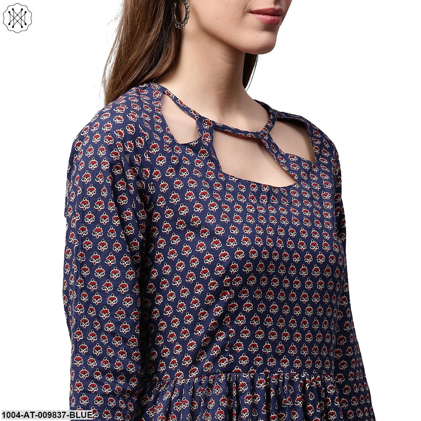 Blue Printed Half Sleeve Cotton Anarkali Kurta