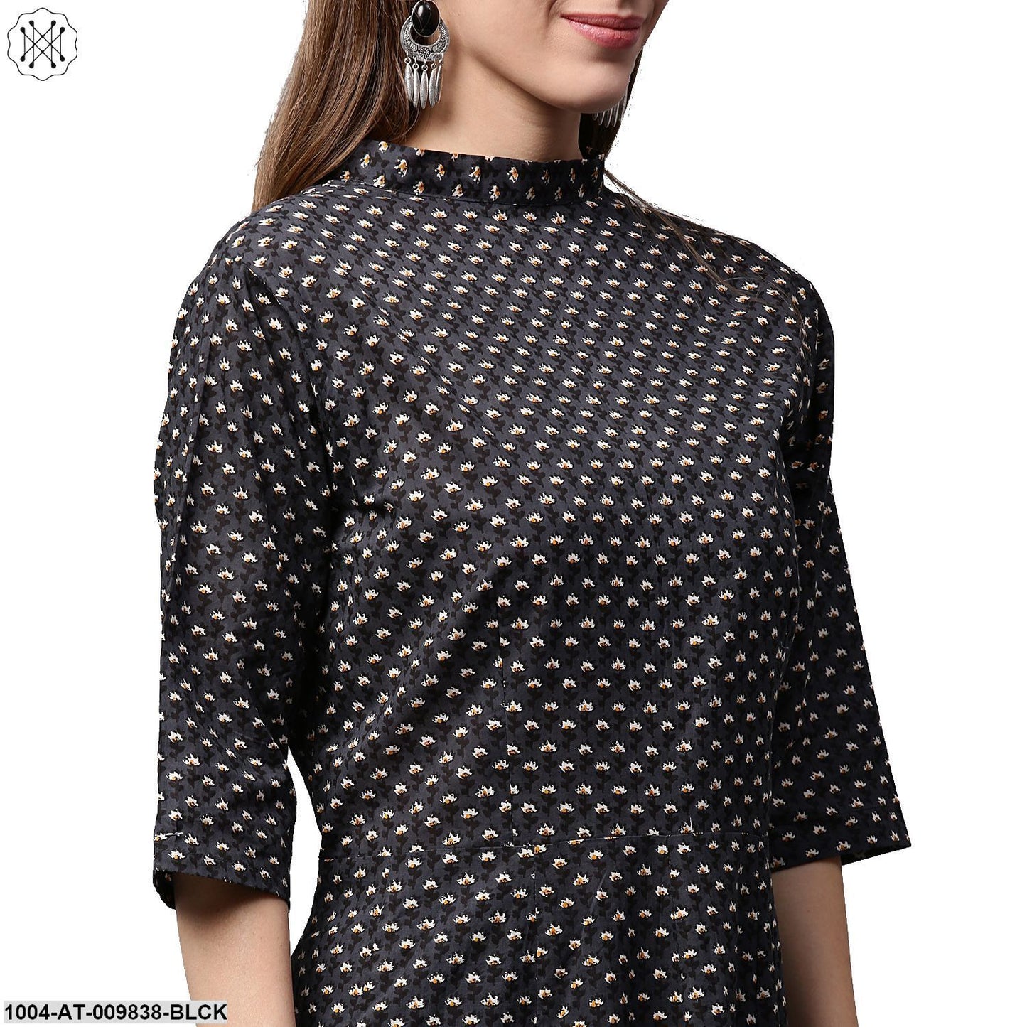 Black Printed 3/4Th Sleeve Cotton Anarkali Kurta