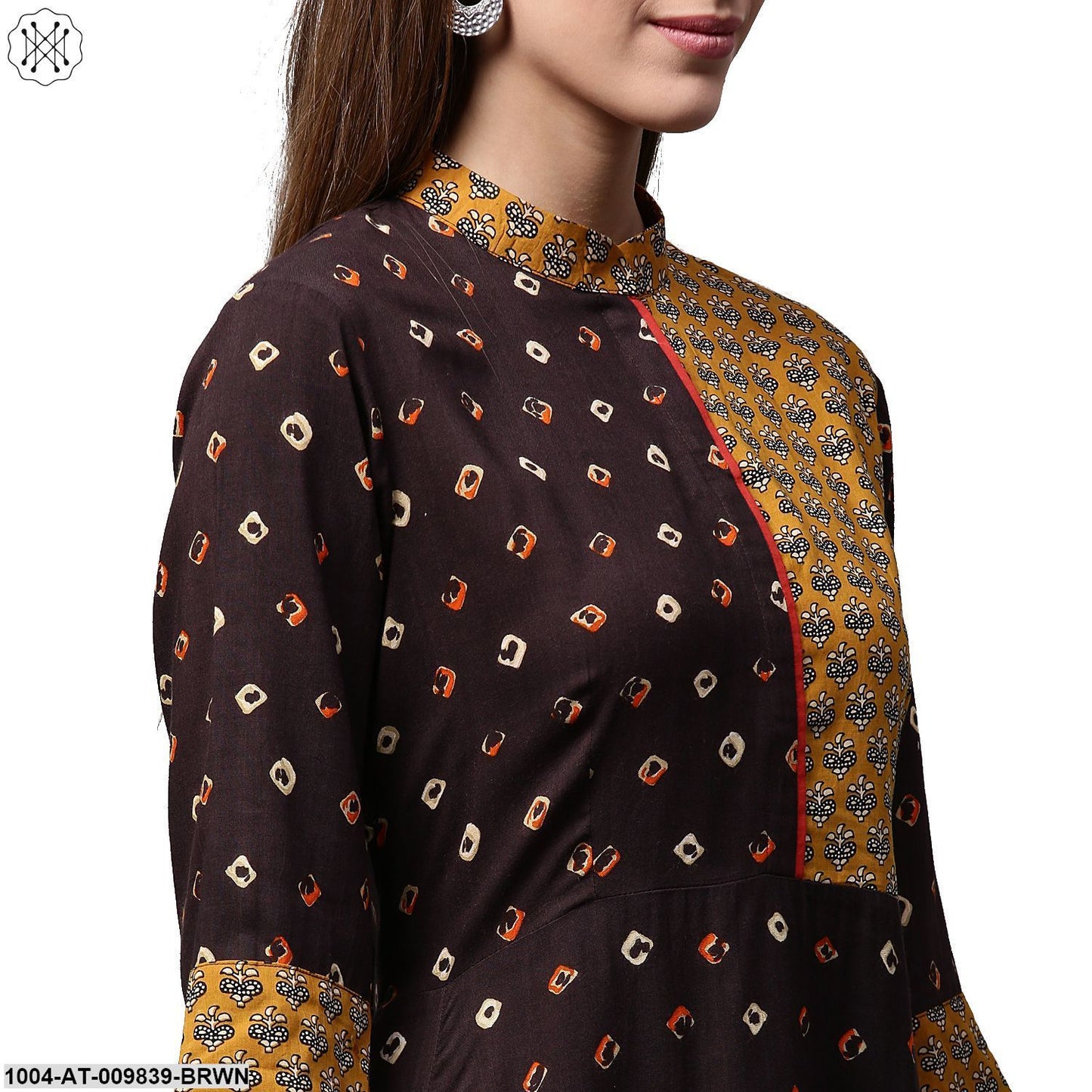 Coffee Brown Printed 3/4Th Sleeve Rayon A-Line Kurta