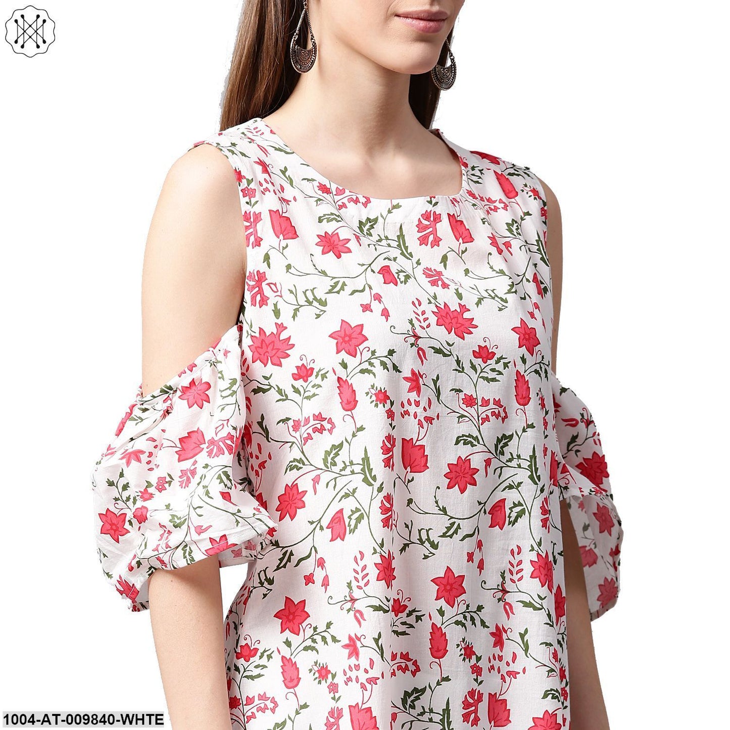 White Flower Printed Half Sleeve Cold Shoulder Cotton A-Line Kurta