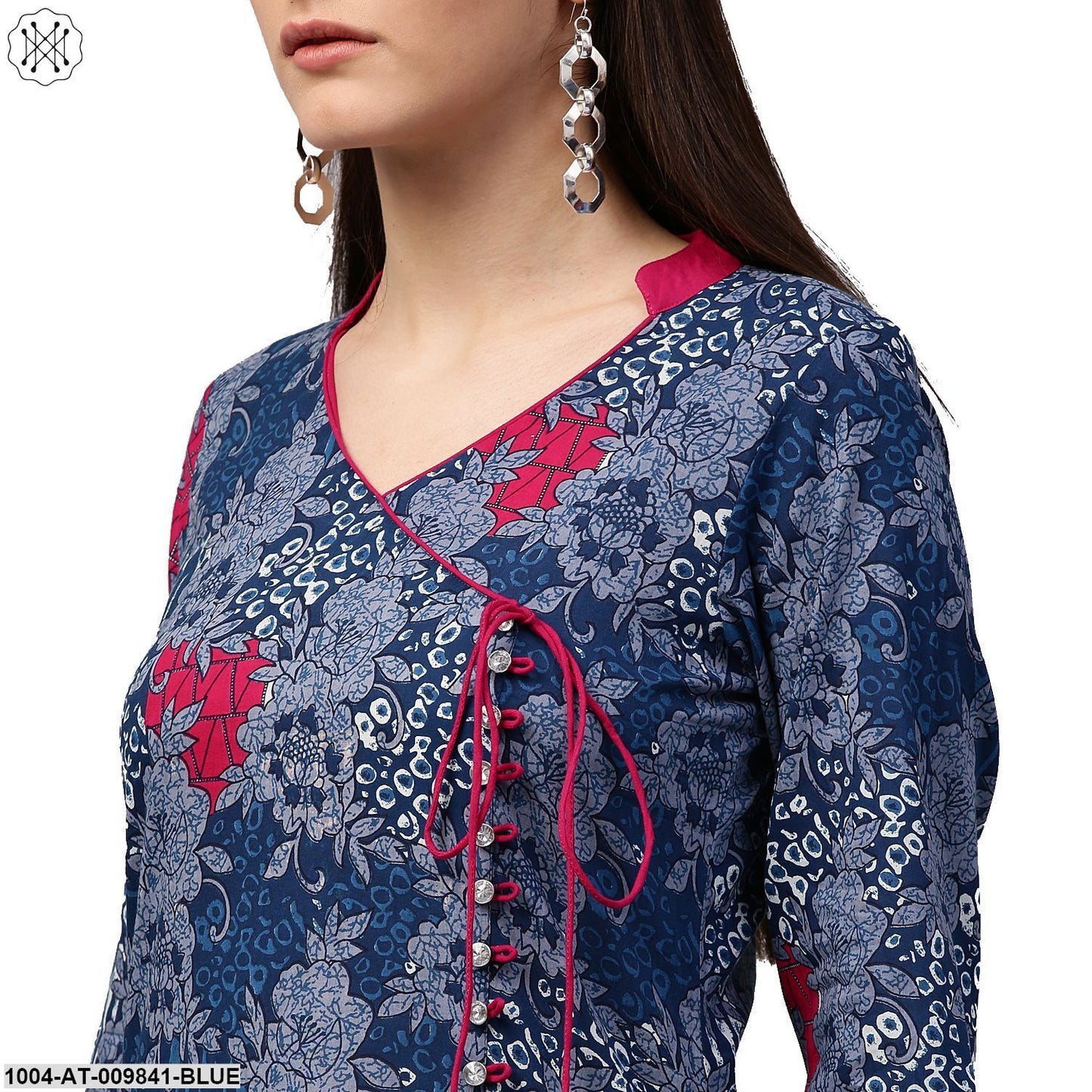 Blue Printed 3/4Th Sleeve Cotton A-Line Kurta