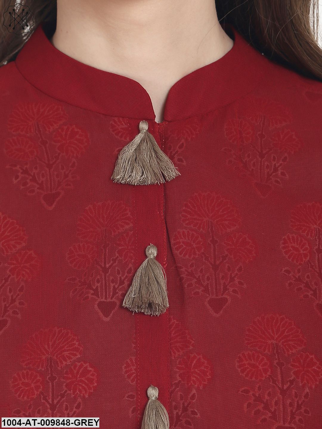 Maroon 3/4Th Sleeve Cotton A-Line Kurta With Maroon Georgette Layer