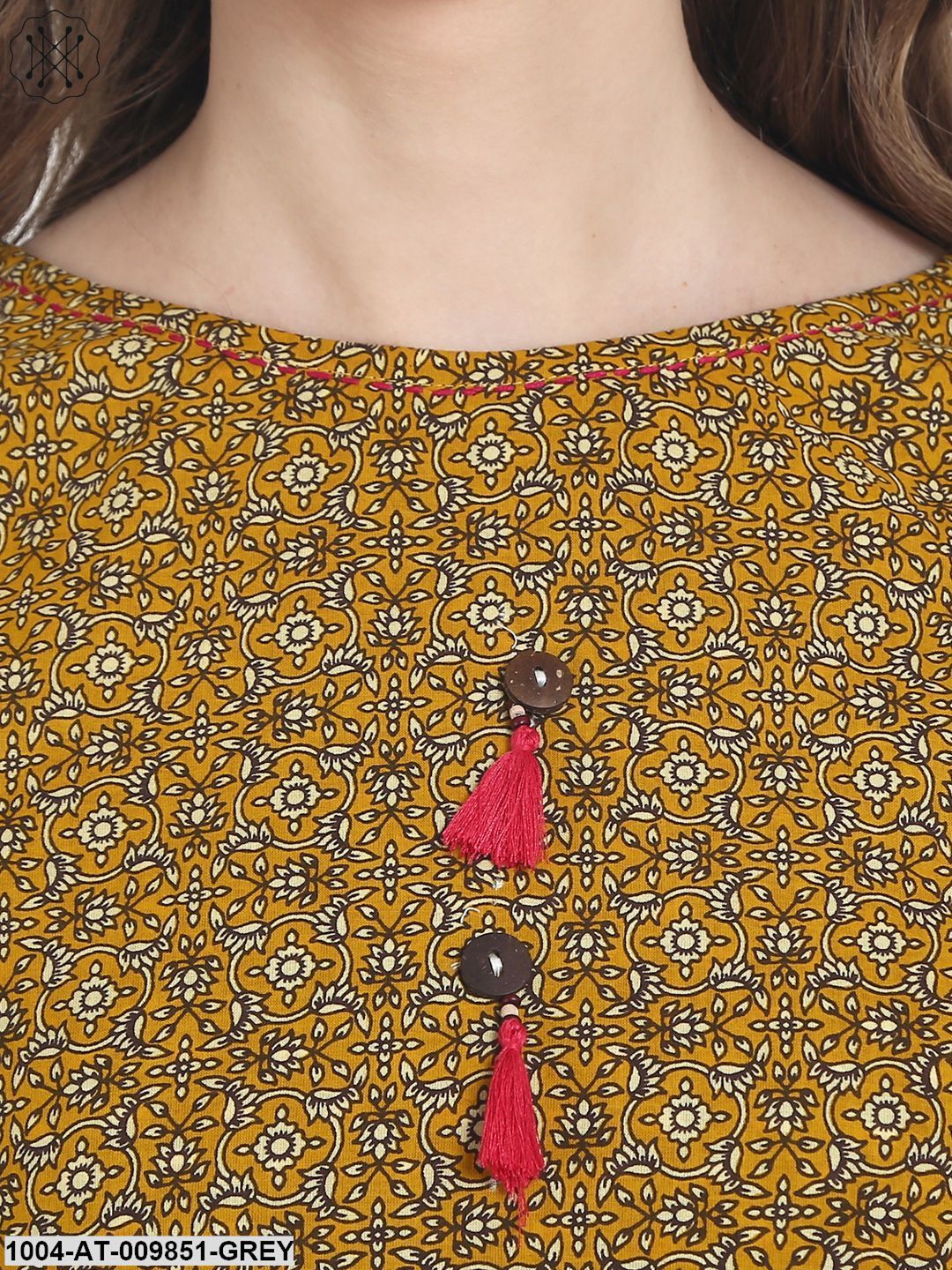 Grey Cotton A-Line Kurta With Yellow Printed Layer