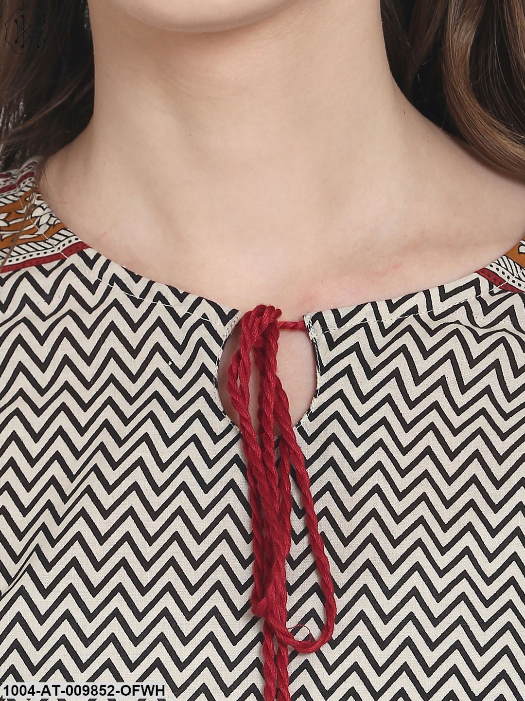 Beige Printed 3/4Th Sleeve Cotton A-Line Kurta