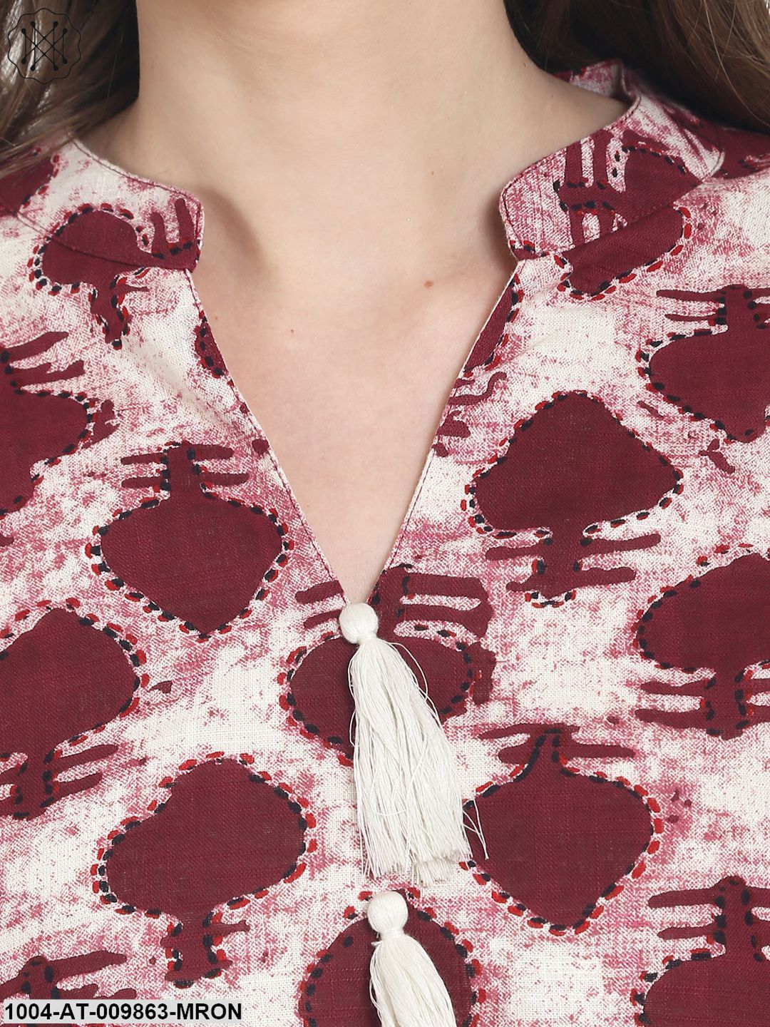 Maroon Printed 3/4Th Sleeve Cotton A-Line Kurta