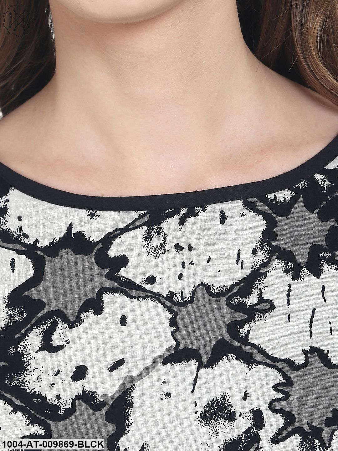 Black Sleevless Cotton A-Line Kurta With Printed Layer