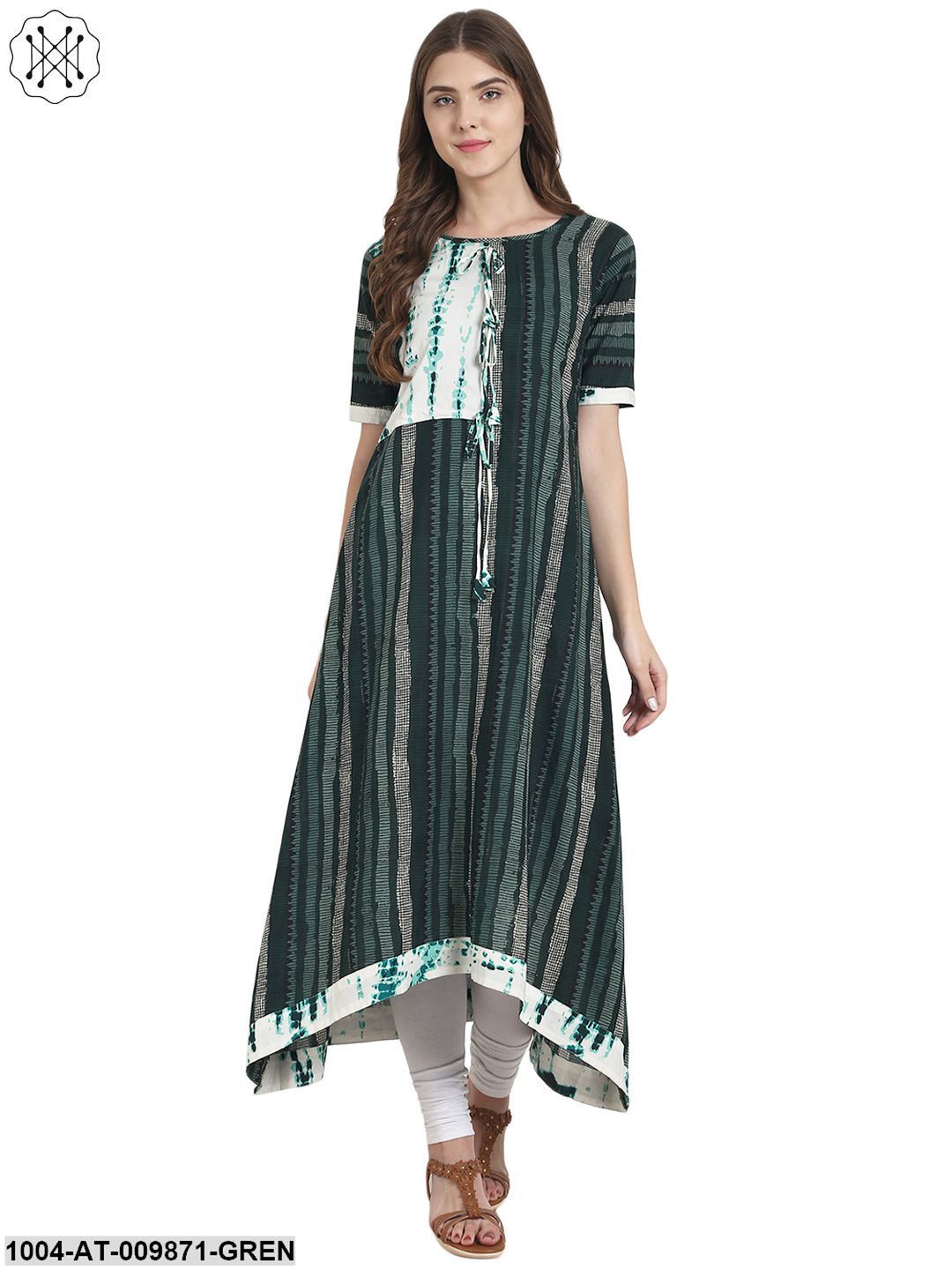 Green Printed Half Sleeve Cotton A-Line Kurta