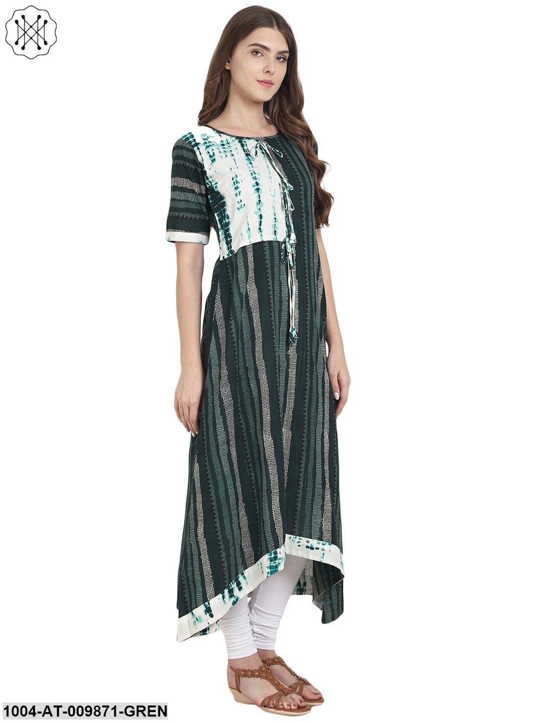Green Printed Half Sleeve Cotton A-Line Kurta