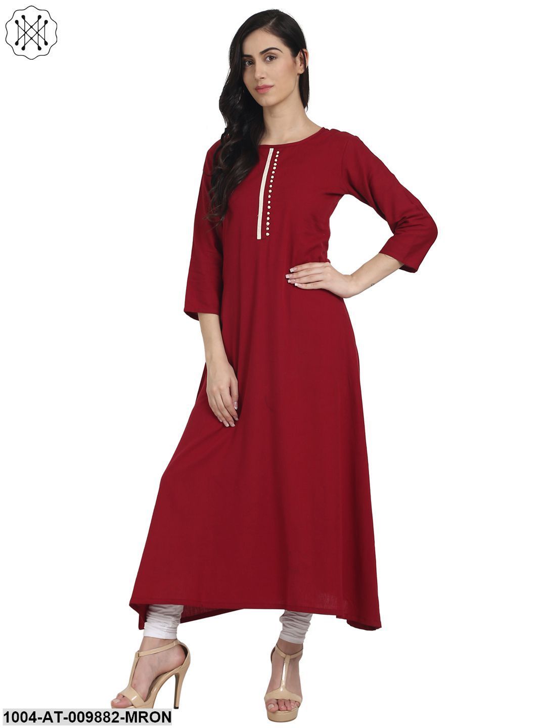 Maroon 3/4Th Sleeve Cotton A-Line Kurta