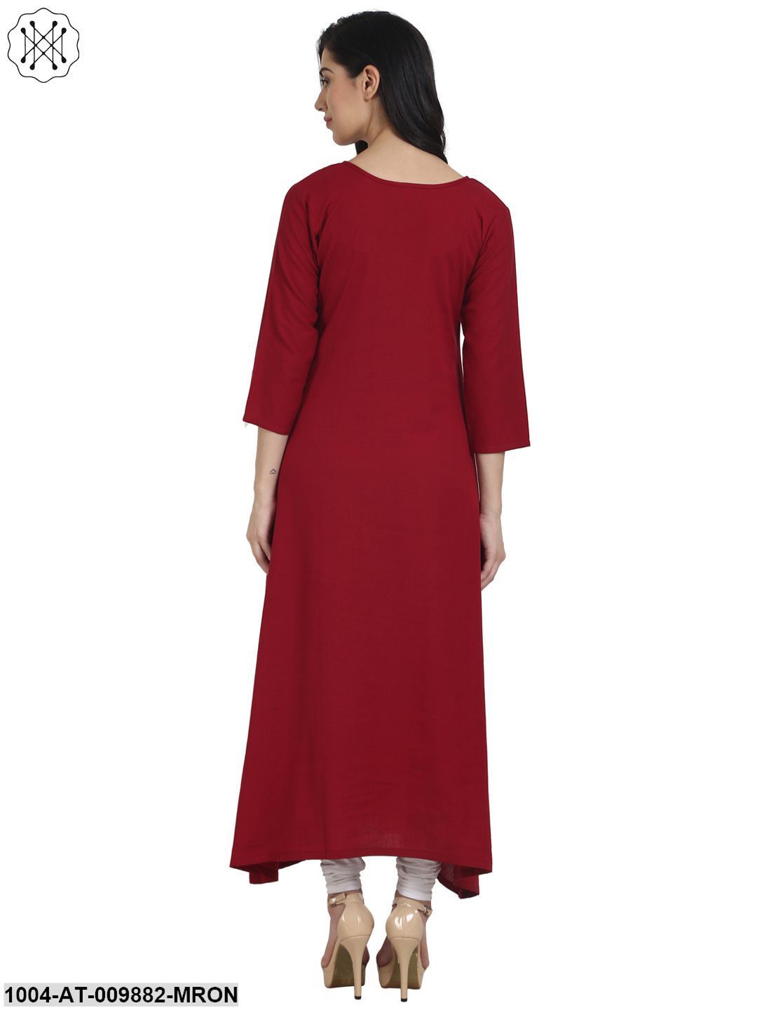 Maroon 3/4Th Sleeve Cotton A-Line Kurta