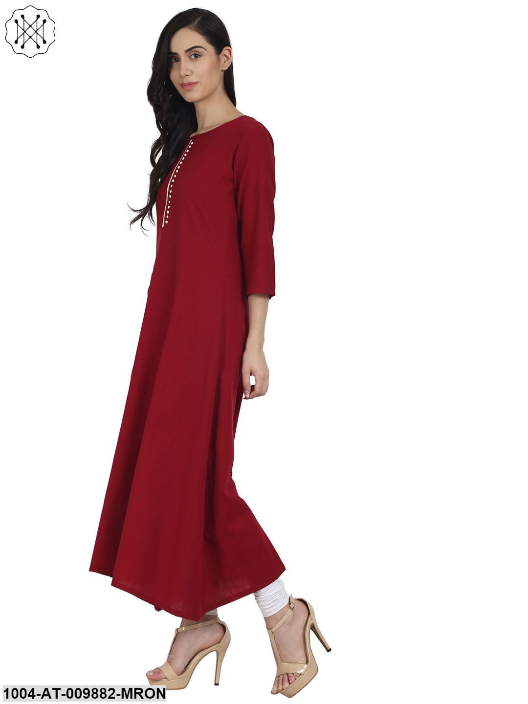 Maroon 3/4Th Sleeve Cotton A-Line Kurta