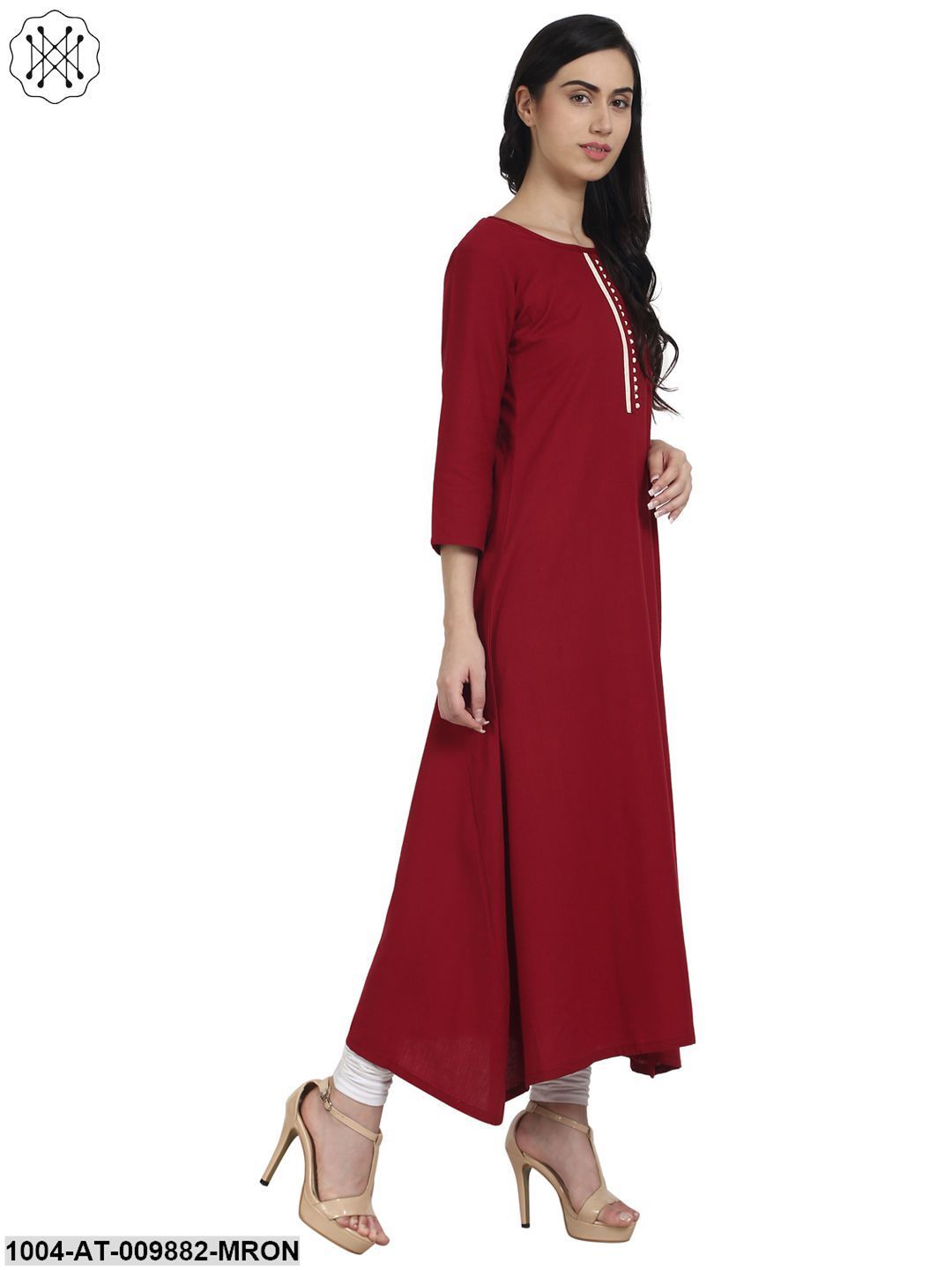 Maroon 3/4Th Sleeve Cotton A-Line Kurta