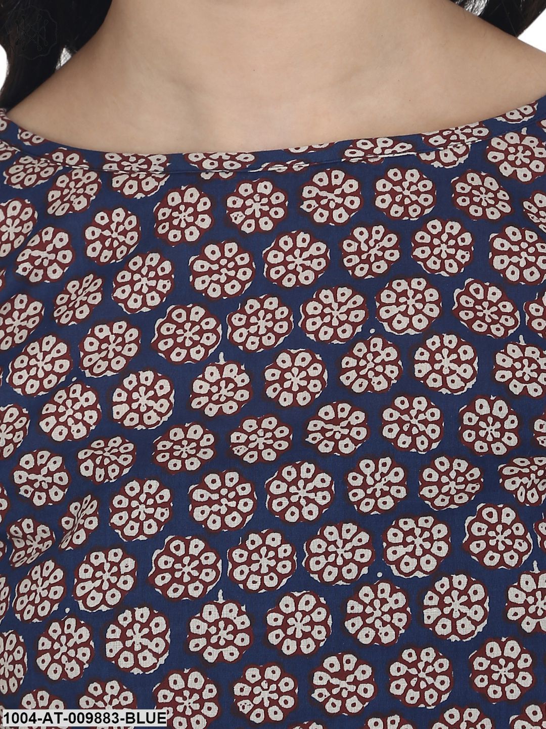 Blue Printed Cold Shoulder Half Sleeve Cotton Kurta