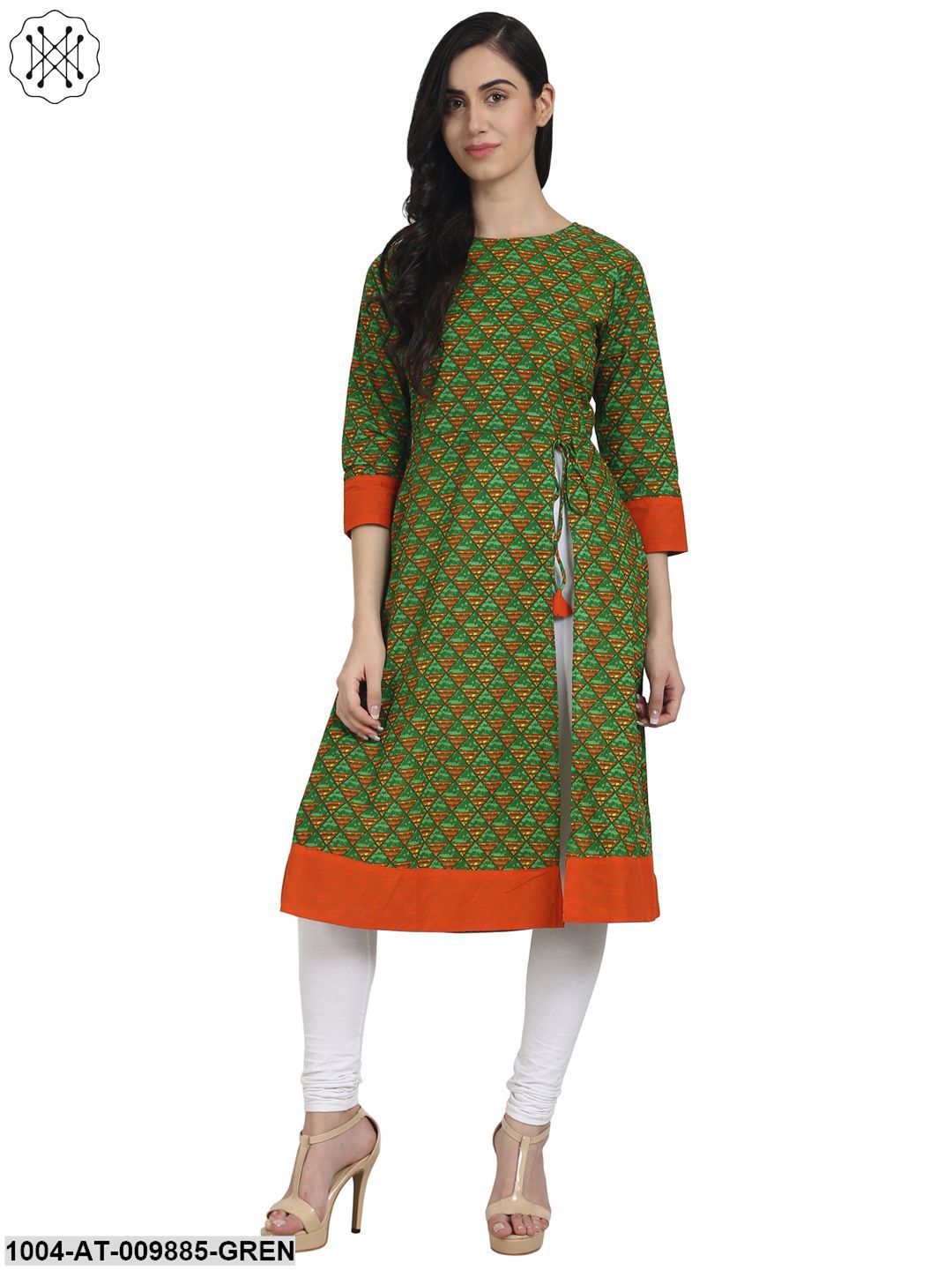 Green Printed 3/4Th Sleeve A-Line Kurta With Side Cut