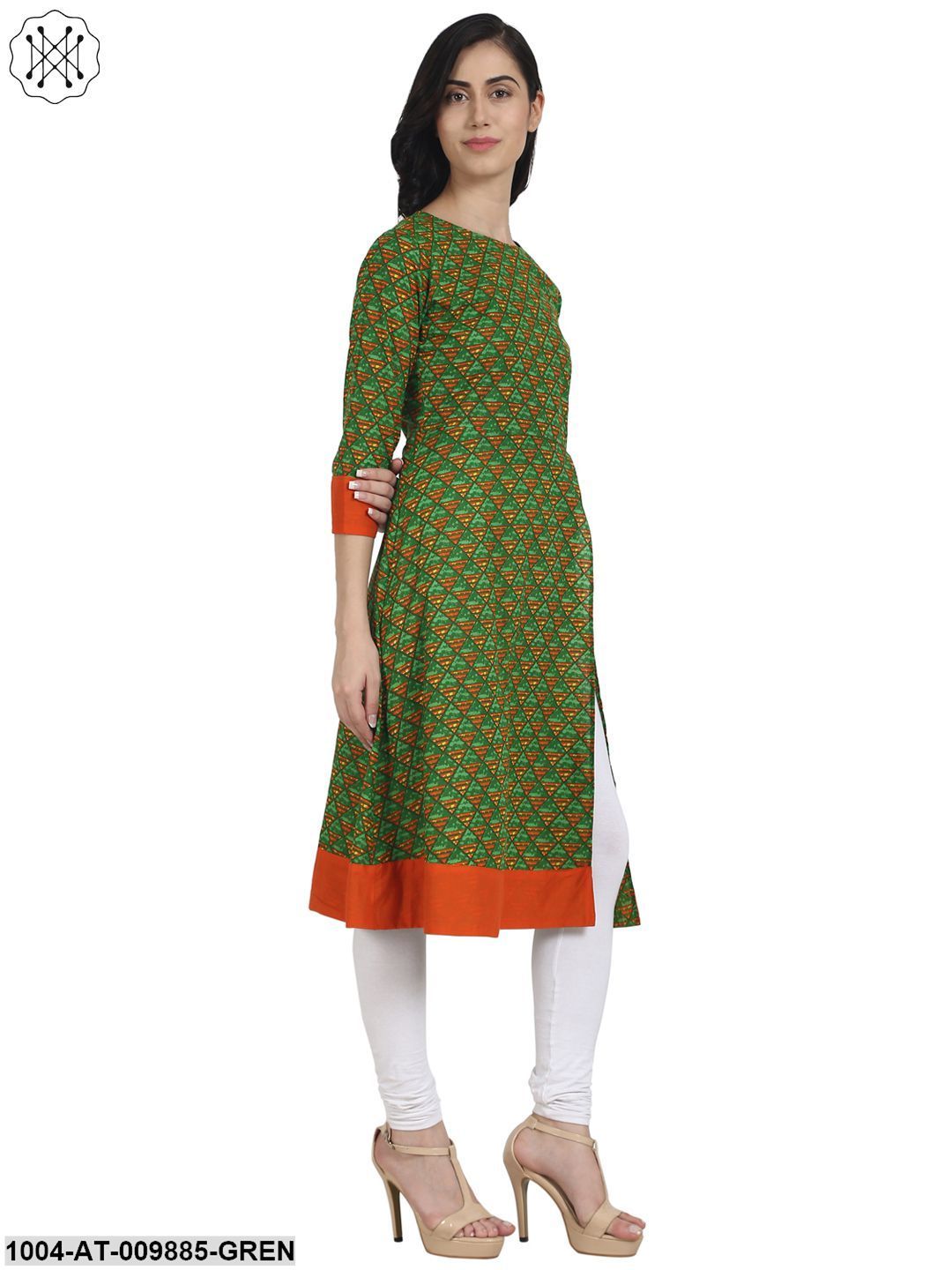 Green Printed 3/4Th Sleeve A-Line Kurta With Side Cut