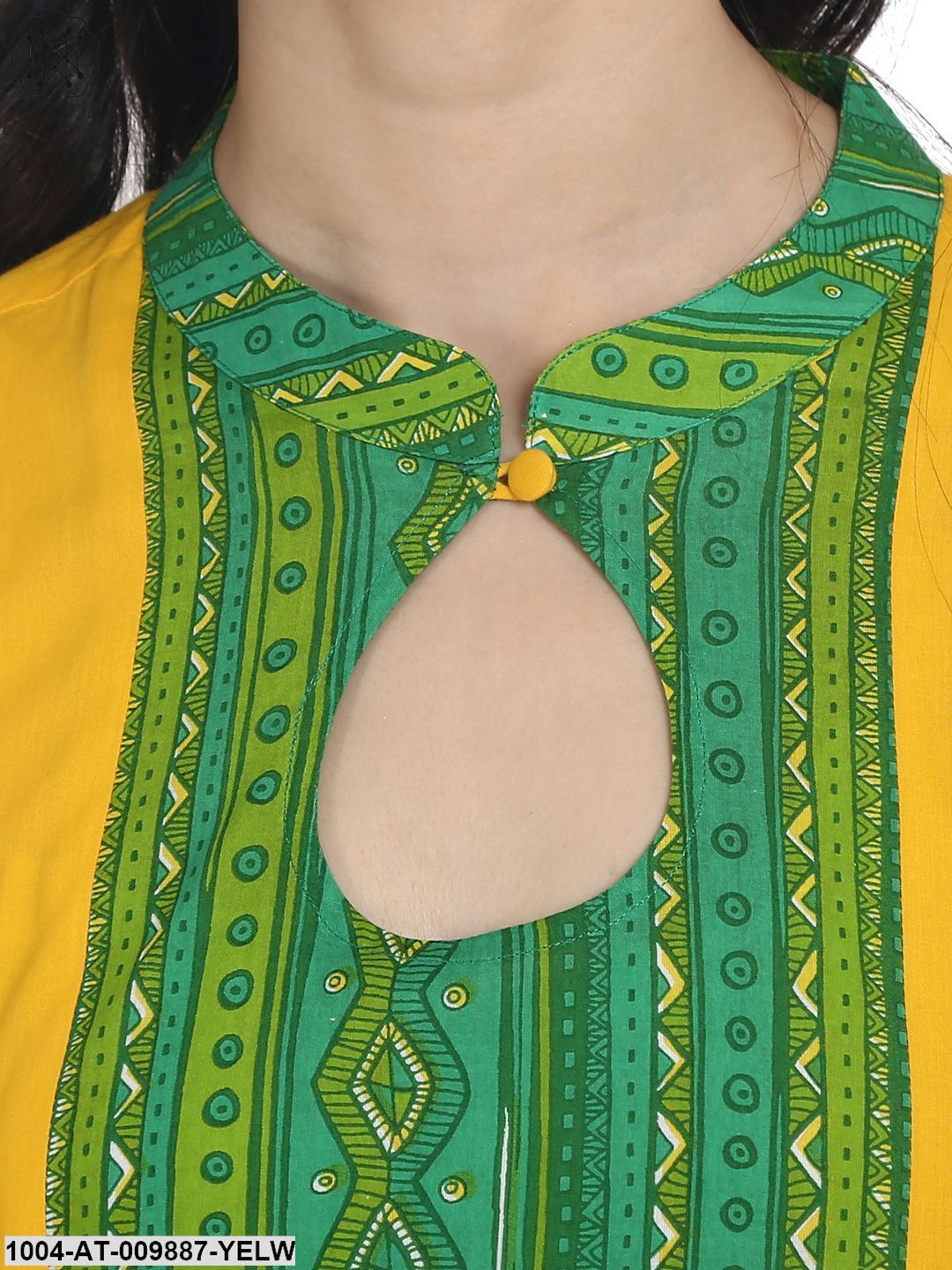 Yellow & Green Printed Half Sleeve Cotton Assymetric A-Line Kurta