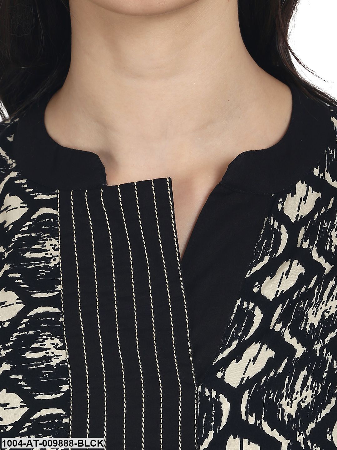 Black Printed Cotton 3/4Th Sleeve A-Line Kurta