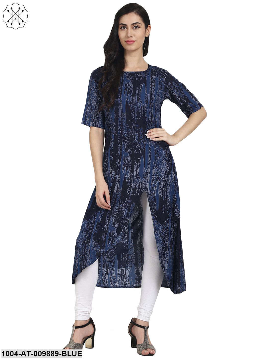 Blue Printed Half Sleeve Cotton Kurta With Front Slit