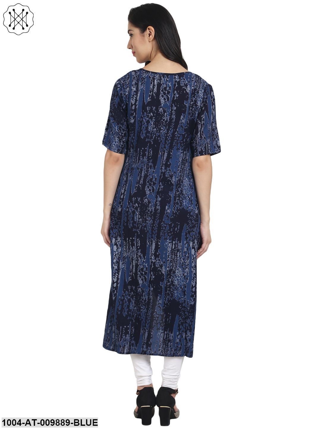 Blue Printed Half Sleeve Cotton Kurta With Front Slit