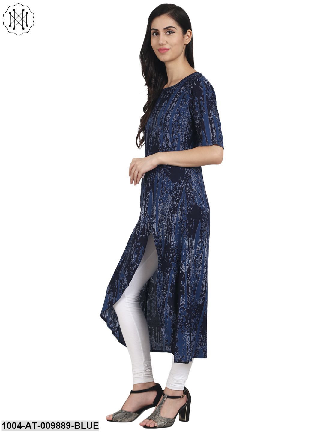 Blue Printed Half Sleeve Cotton Kurta With Front Slit