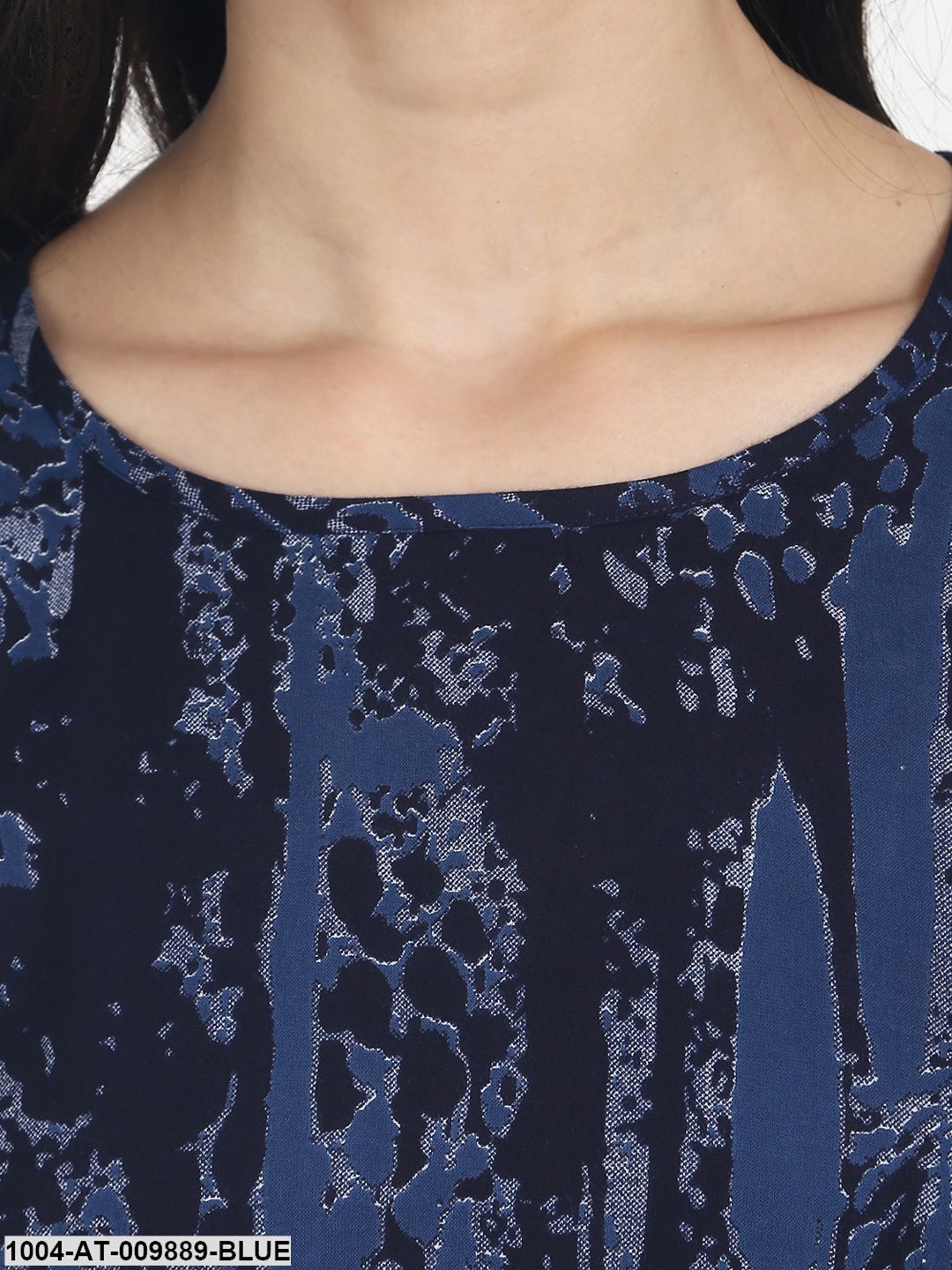 Blue Printed Half Sleeve Cotton Kurta With Front Slit