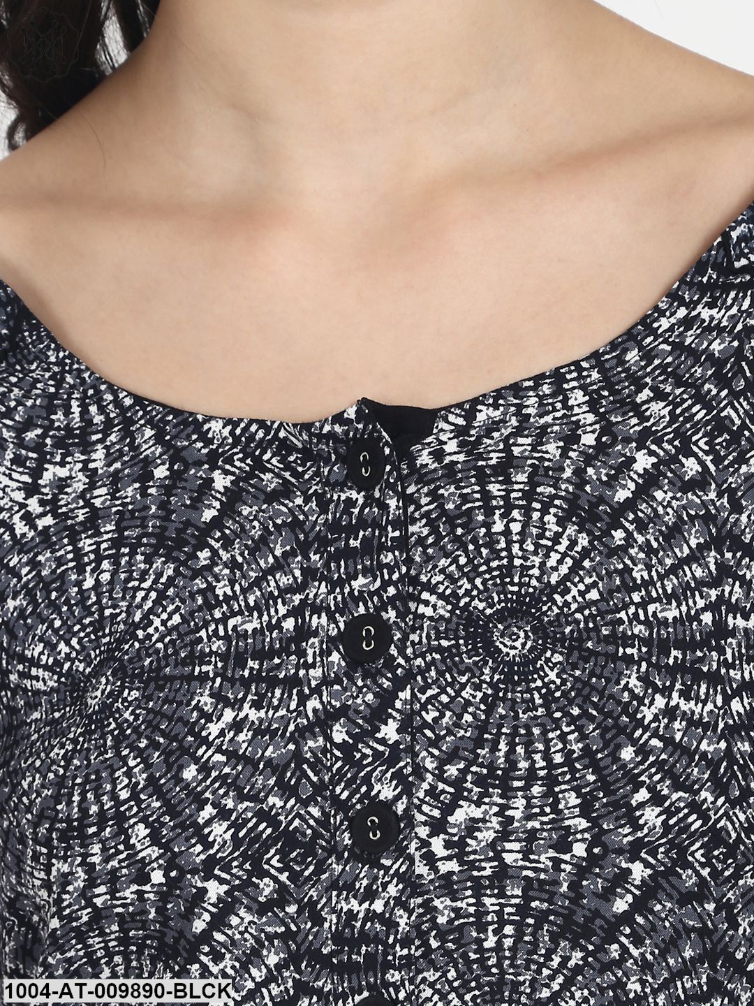 Black Printed 3/4Th Sleeve Rayon Kurta With 1 Pocket