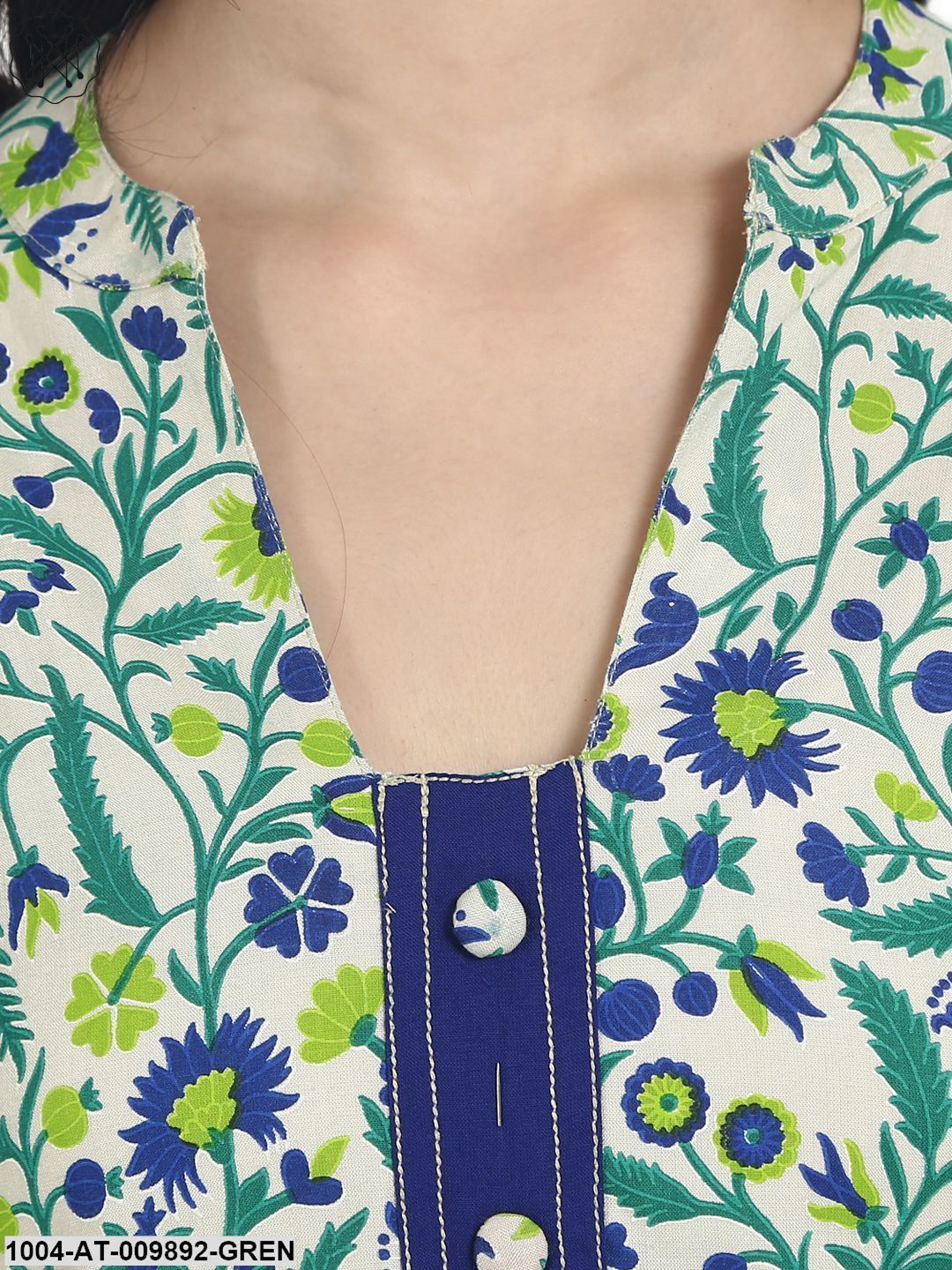 Green Printed 3/4Th Sleeve Rayon Assymetric Kurta With Front Open