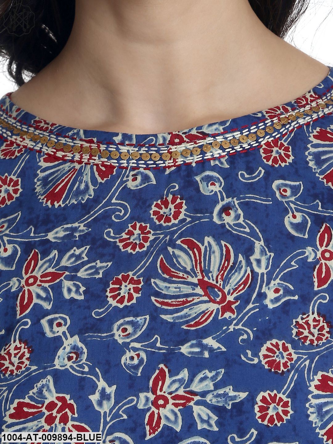 Blue & Red Printed Cotton 3/4Th Sleeve Double Layer Kurta