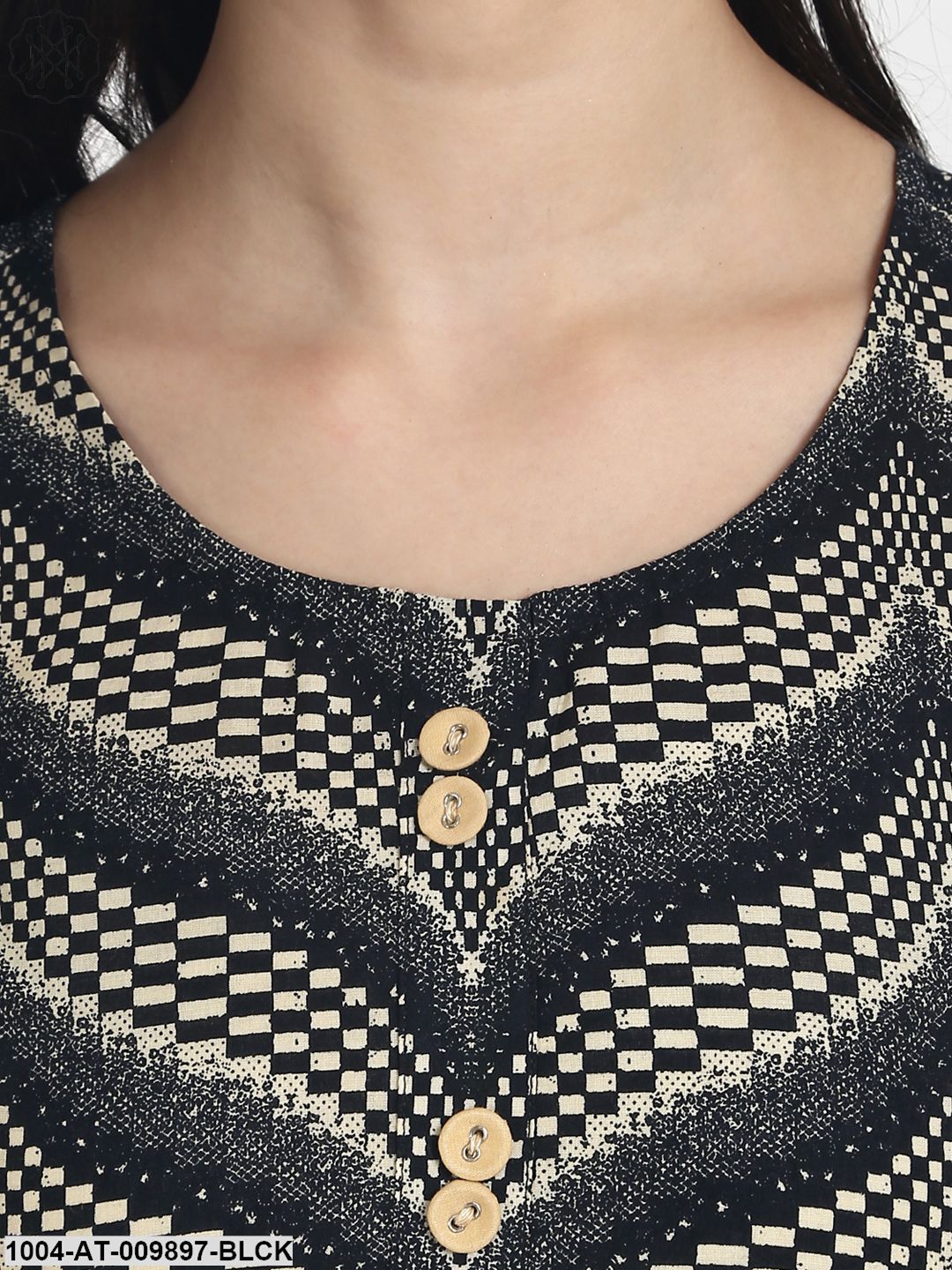 Black Printed Half Sleeve Cotton A-Line Kurta With Front Pocket