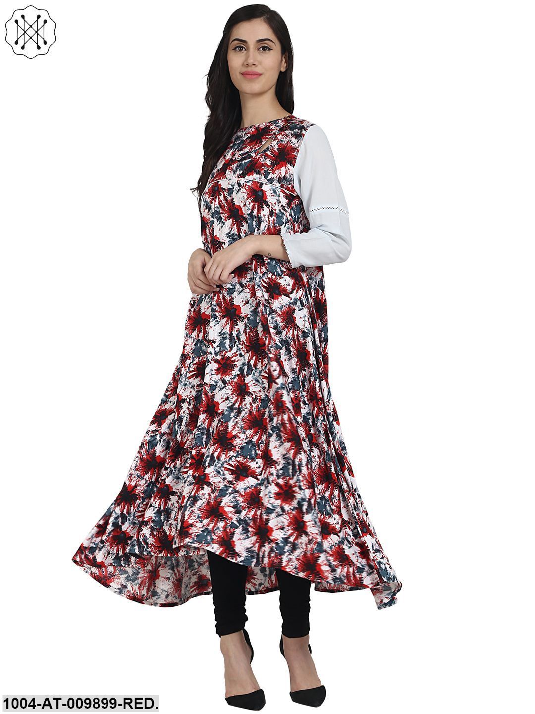 Red Printed 3/4Th Sleeve Rayon Anarkali Kurta